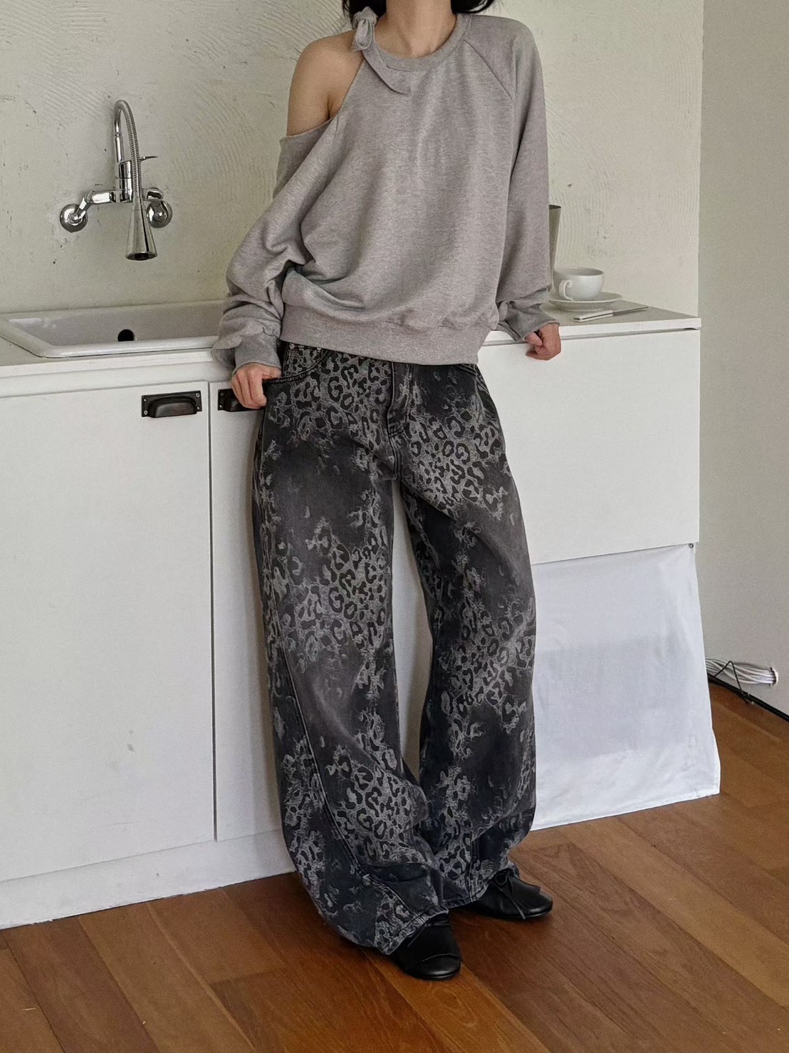 刷色豹紋牛仔長褲