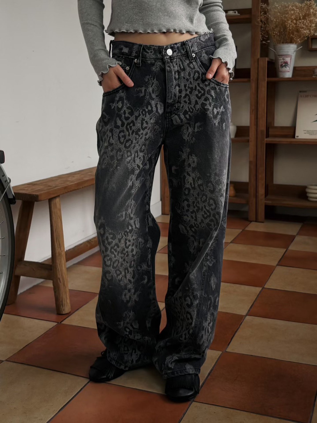 刷色豹紋牛仔長褲