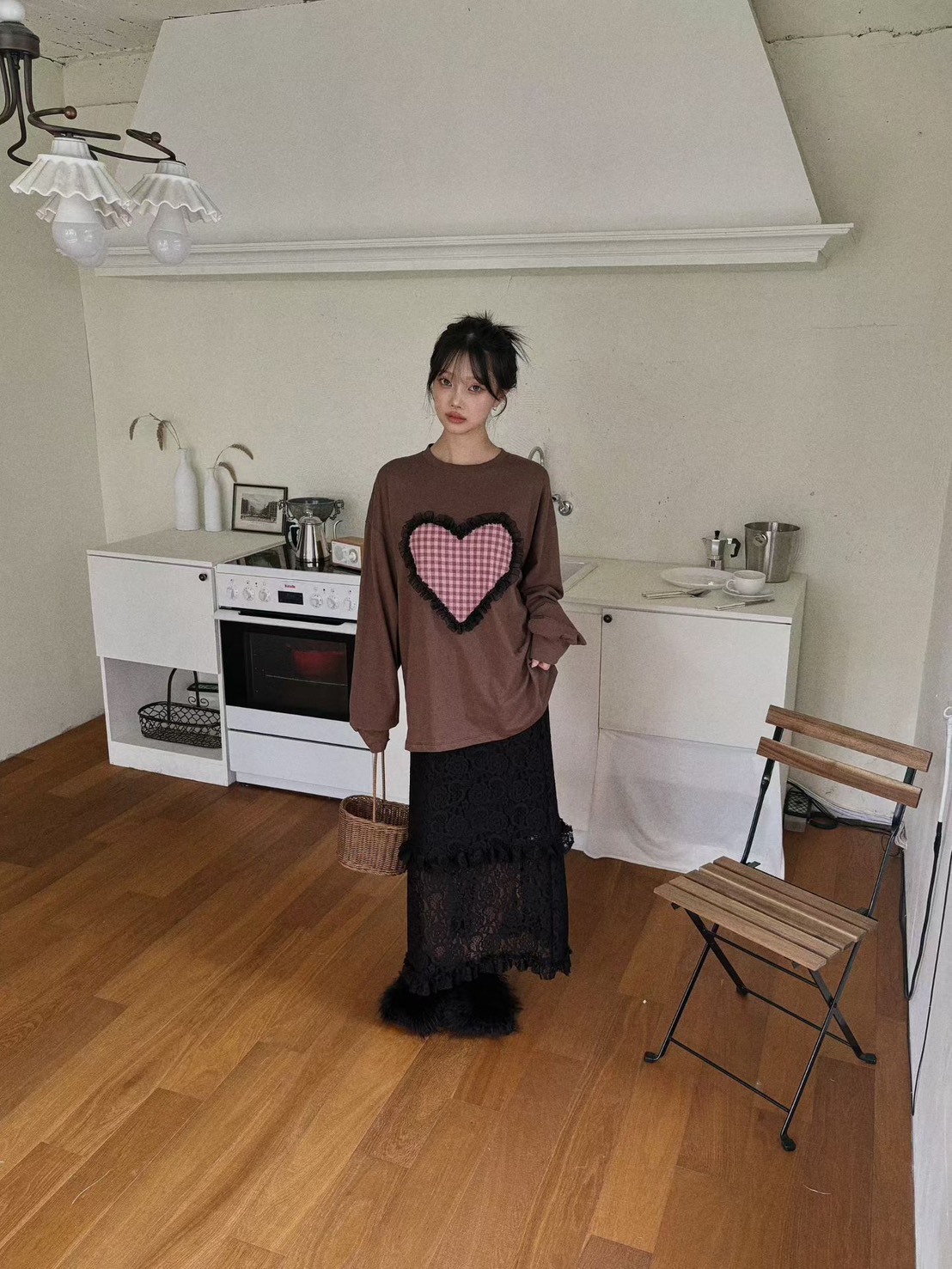 格子大愛心長袖T