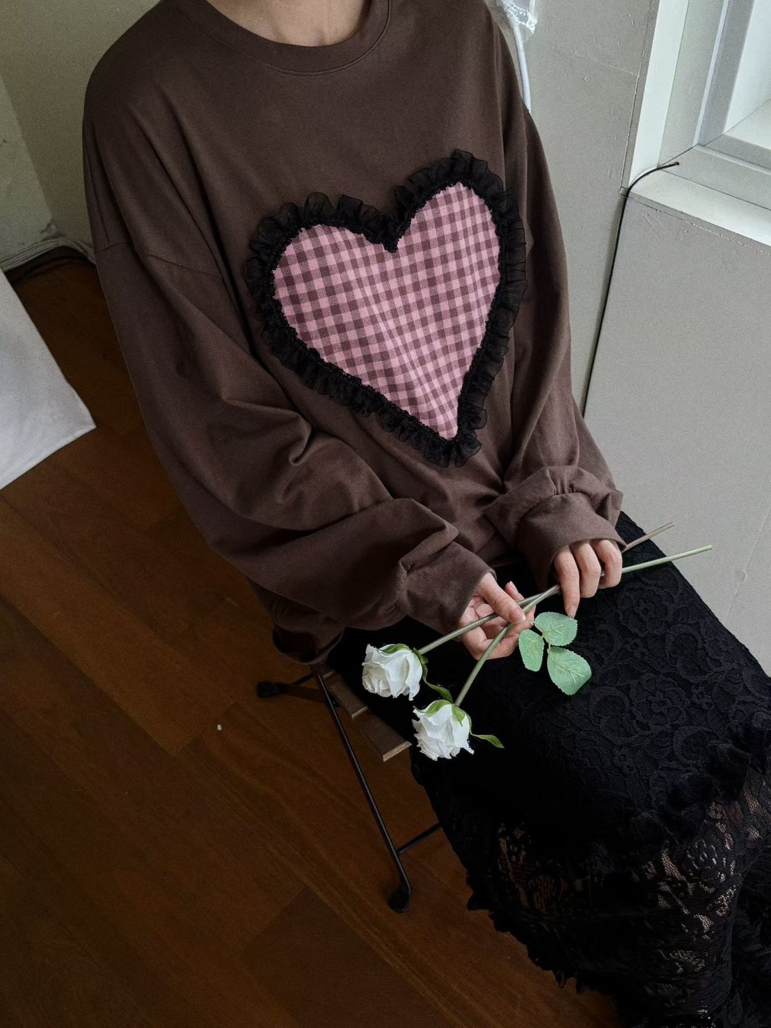 格子大愛心長袖T