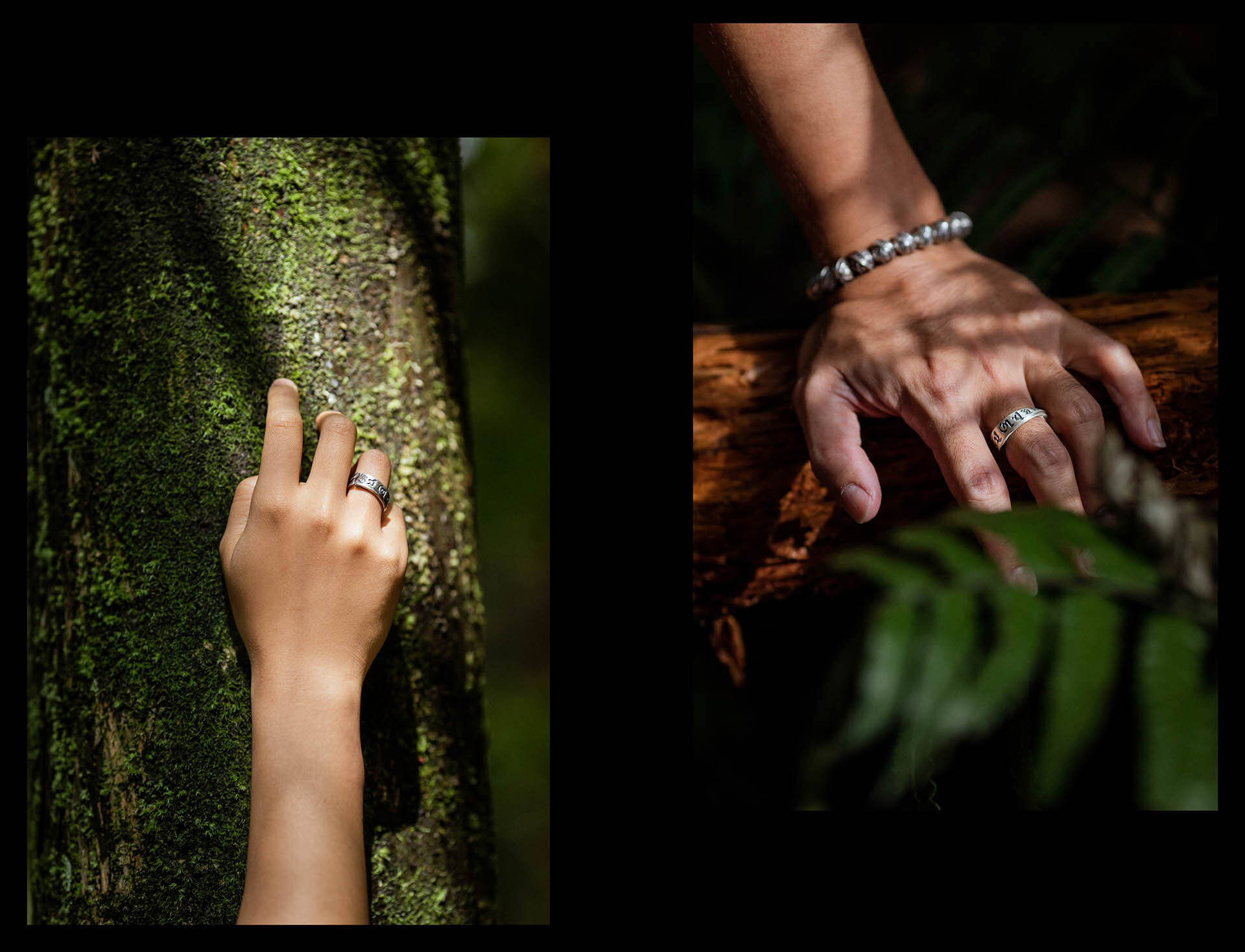 男女在森林場景中分別配戴願旗六字真言純銀戒指,一手觸摸樹幹、一手放在枯木上,光影強調刻字細節