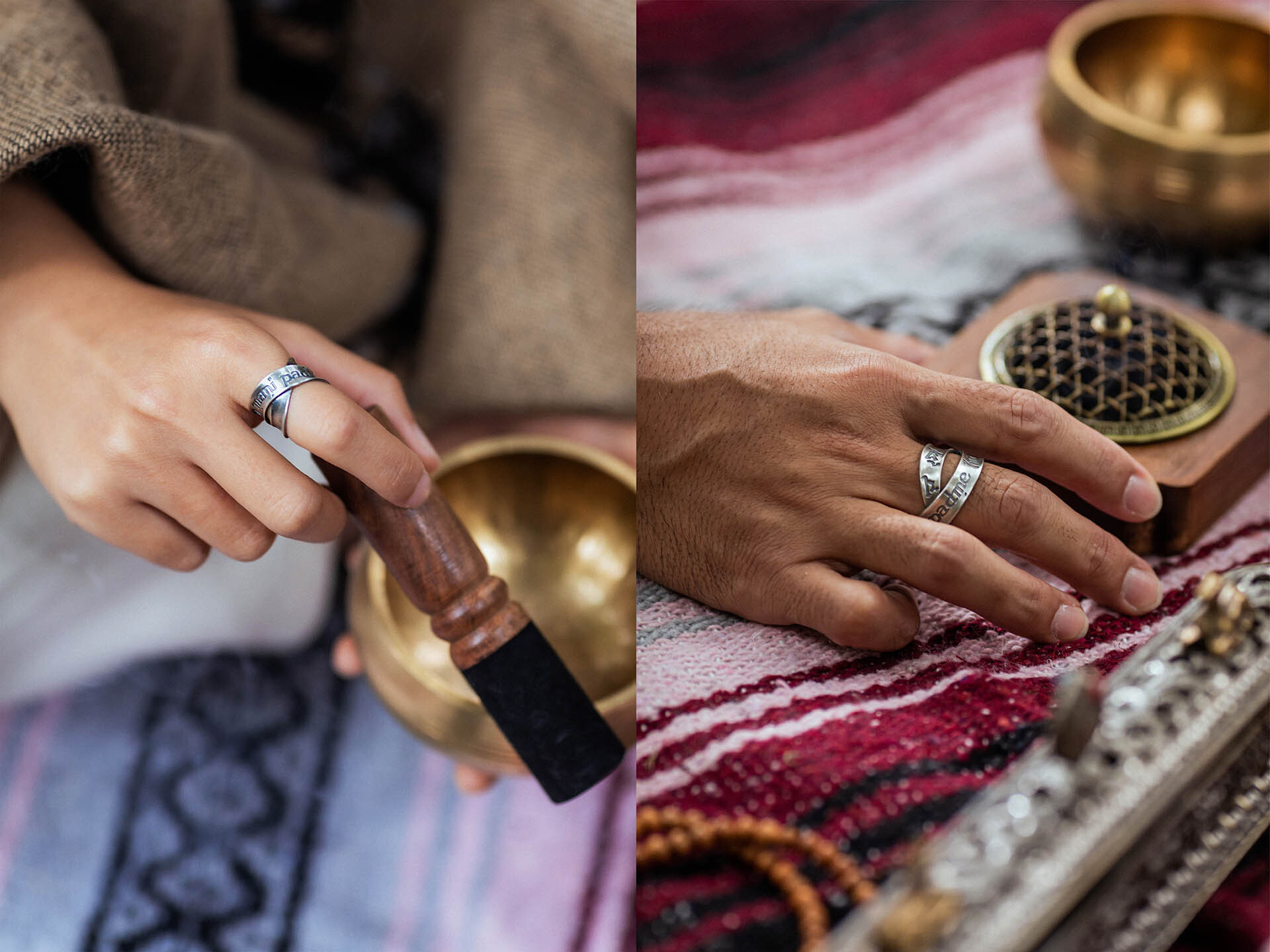 男女穿戴對戒吟唱.六字真言戒指實戴照,搭配頌缽與薰香器具,呈現冥想與靜心場景