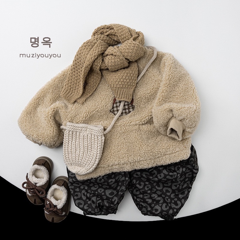 兩色加絨加厚格子熊上衣