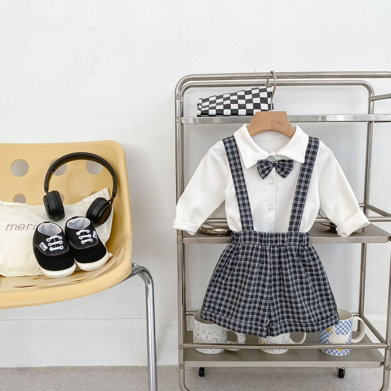 格子吊帶褲套裝