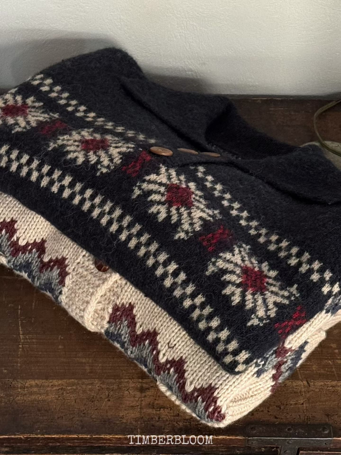 A03633深藍色圖騰翻領針織上衣