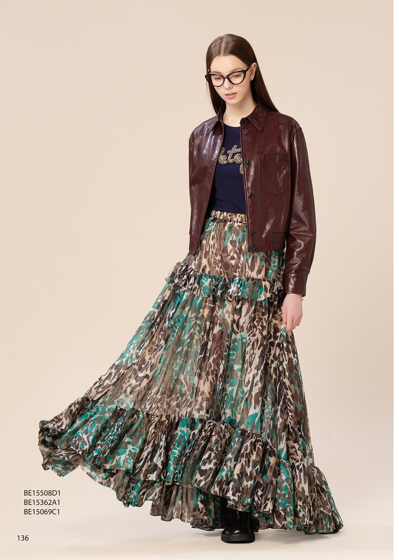 BE15069C1 海霧野境薄紗動物紋荷葉長裙