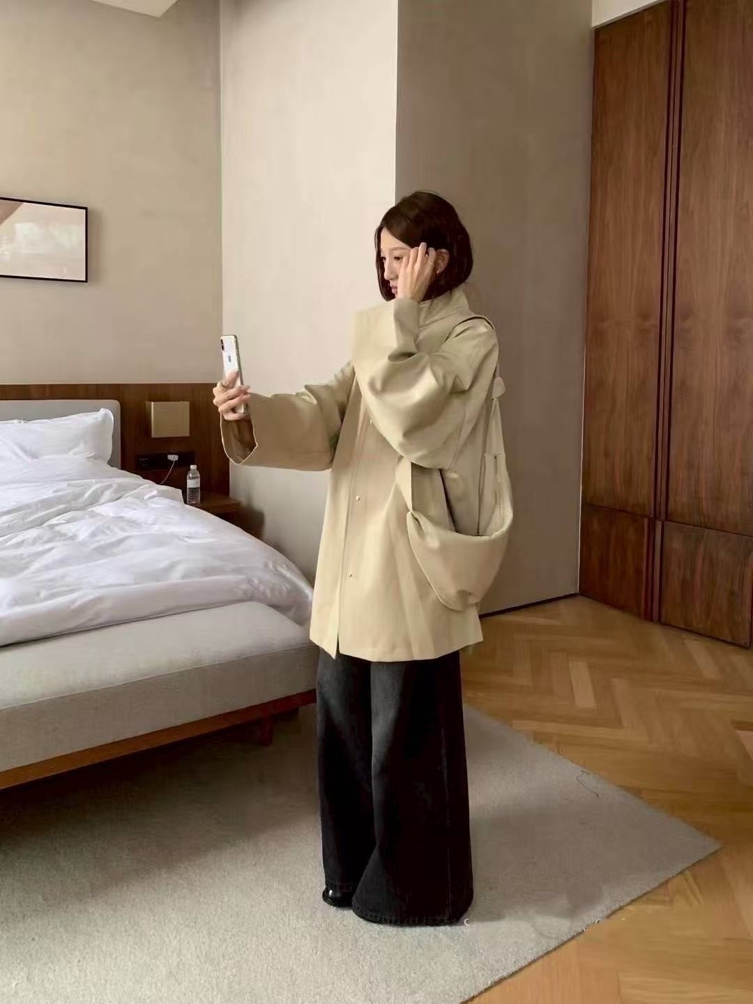 8571 高級簡約立領風衣（附包包）