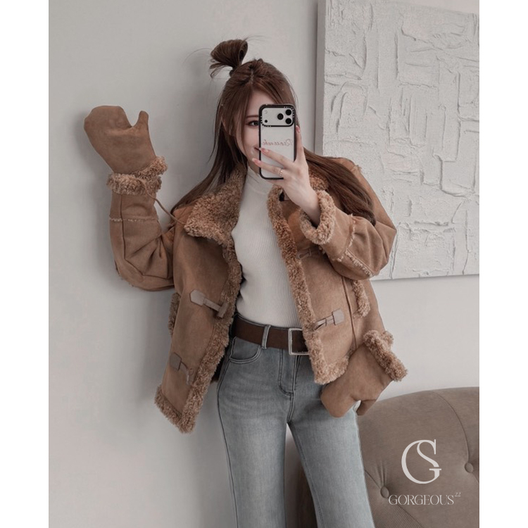 M36「高檔麂皮兔毛毛騎士外套+贈手套」