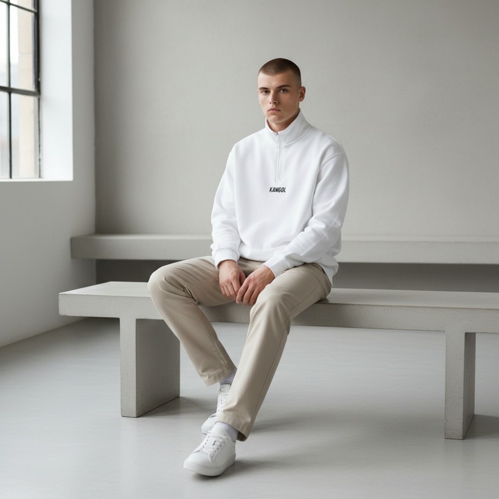 KANGOL 大學T 白色 立領 半開襟 長袖 中性 6555100800