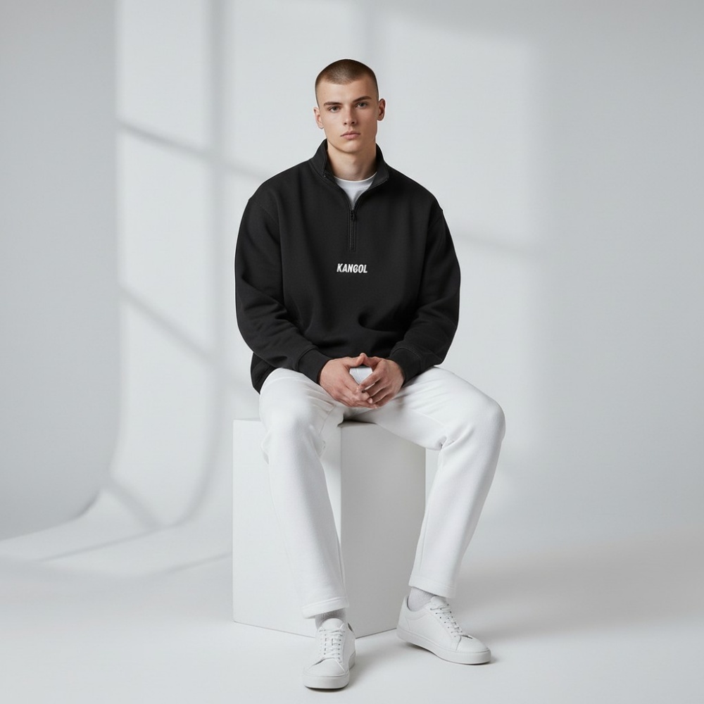 KANGOL 大學T 黑色 立領 半開襟 長袖 中性 6555100820