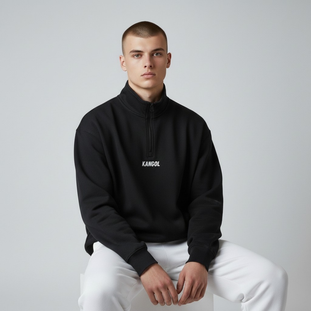 KANGOL 大學T 黑色 立領 半開襟 長袖 中性 6555100820