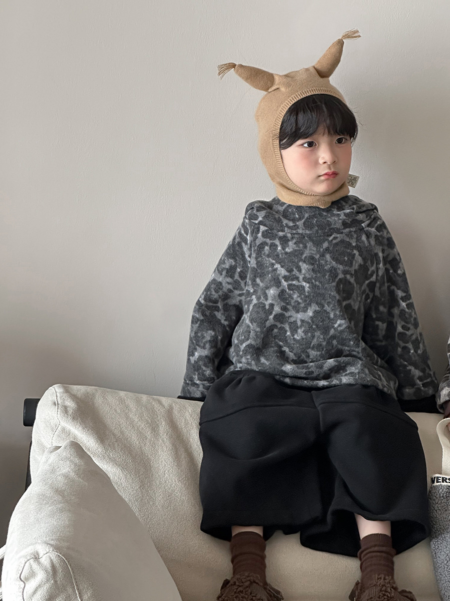 豹紋拼接袖假兩件連帽上衣(80-140)