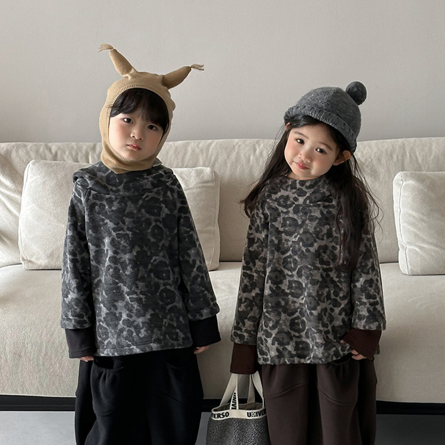 豹紋拼接袖假兩件連帽上衣(80-140)