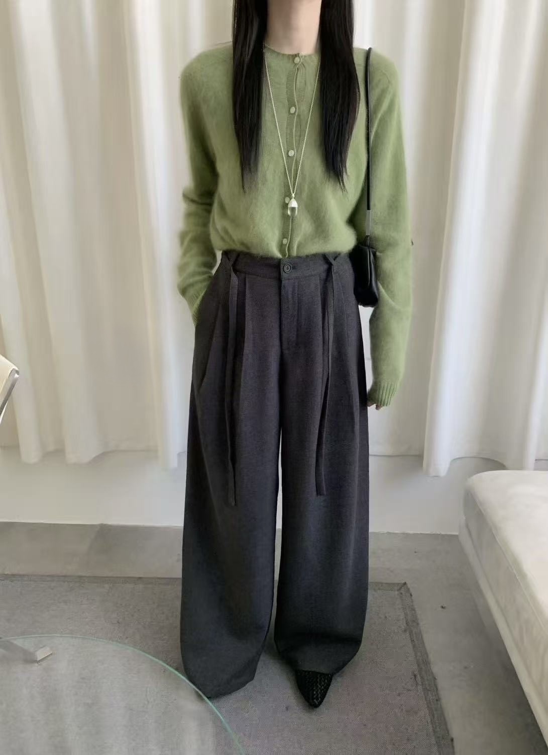 2502 簡約慵懶毛呢休閒闊腿褲