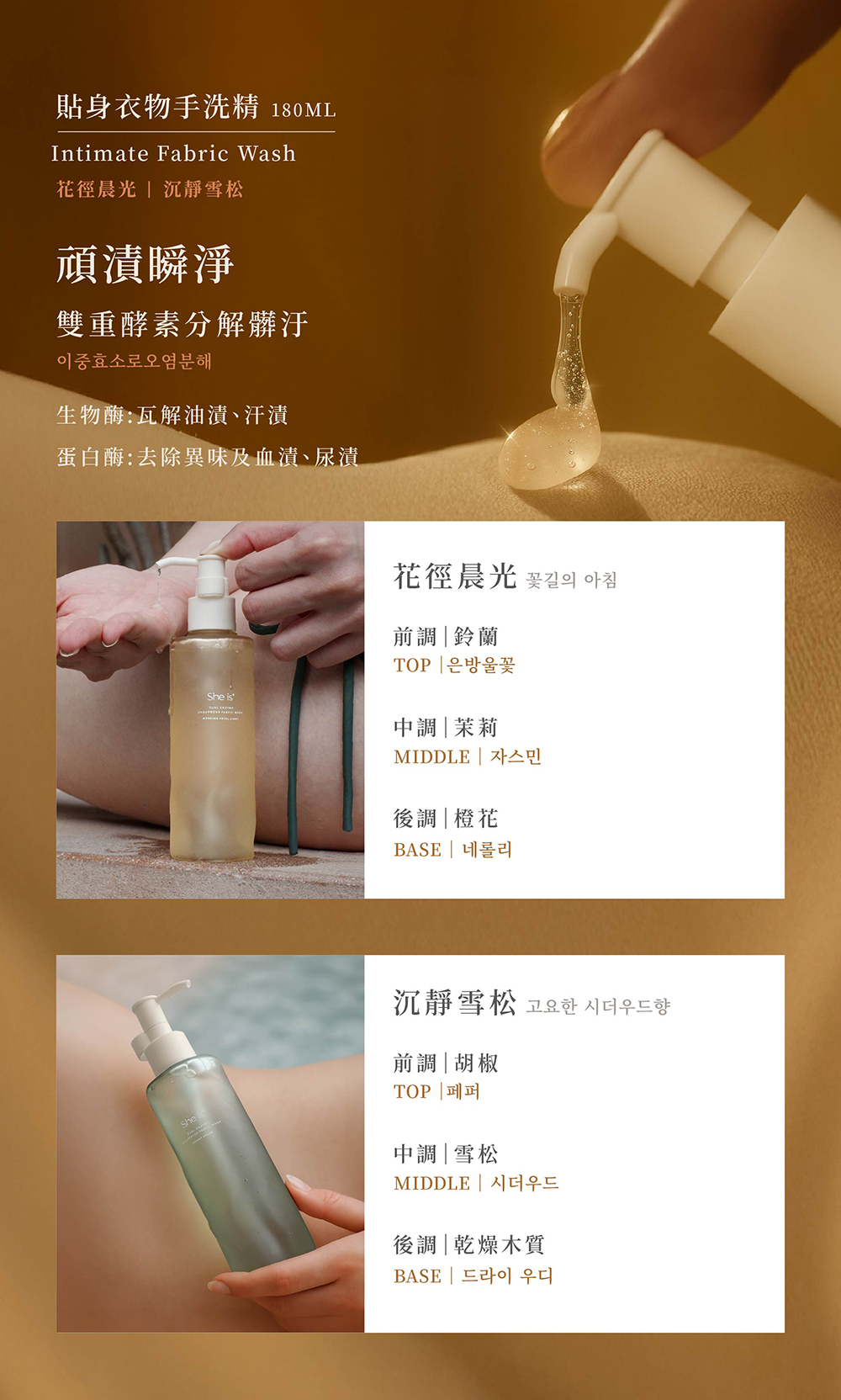 雙重酵頑漬瞬淨,兩款香調:花徑晨光和沉靜雪松