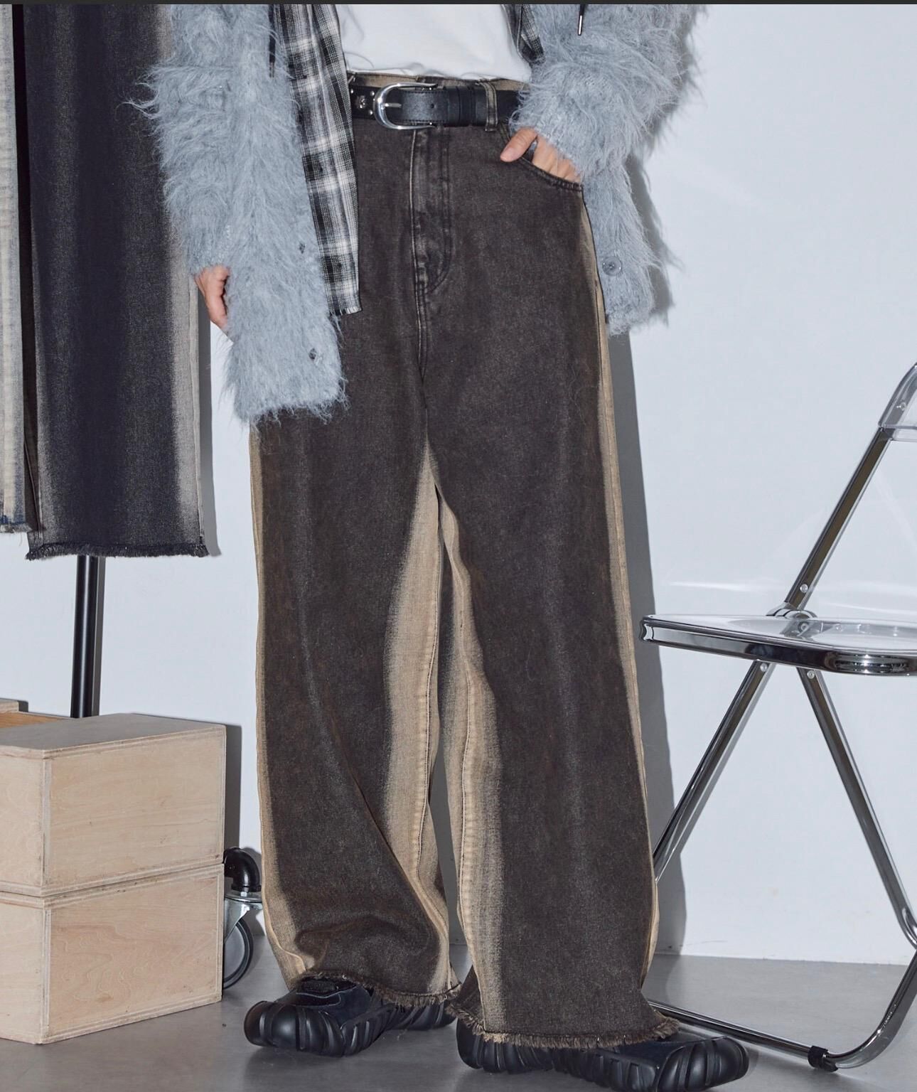 【預購】JN112720 Anchor Smith 復古噴繪側條紋寬腿牛仔褲