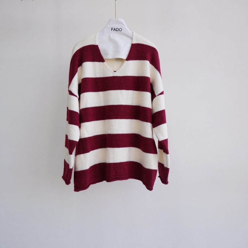 法朵Fado shop｜柔軟V領粗條紋捲邊針織衫 0114049 四色