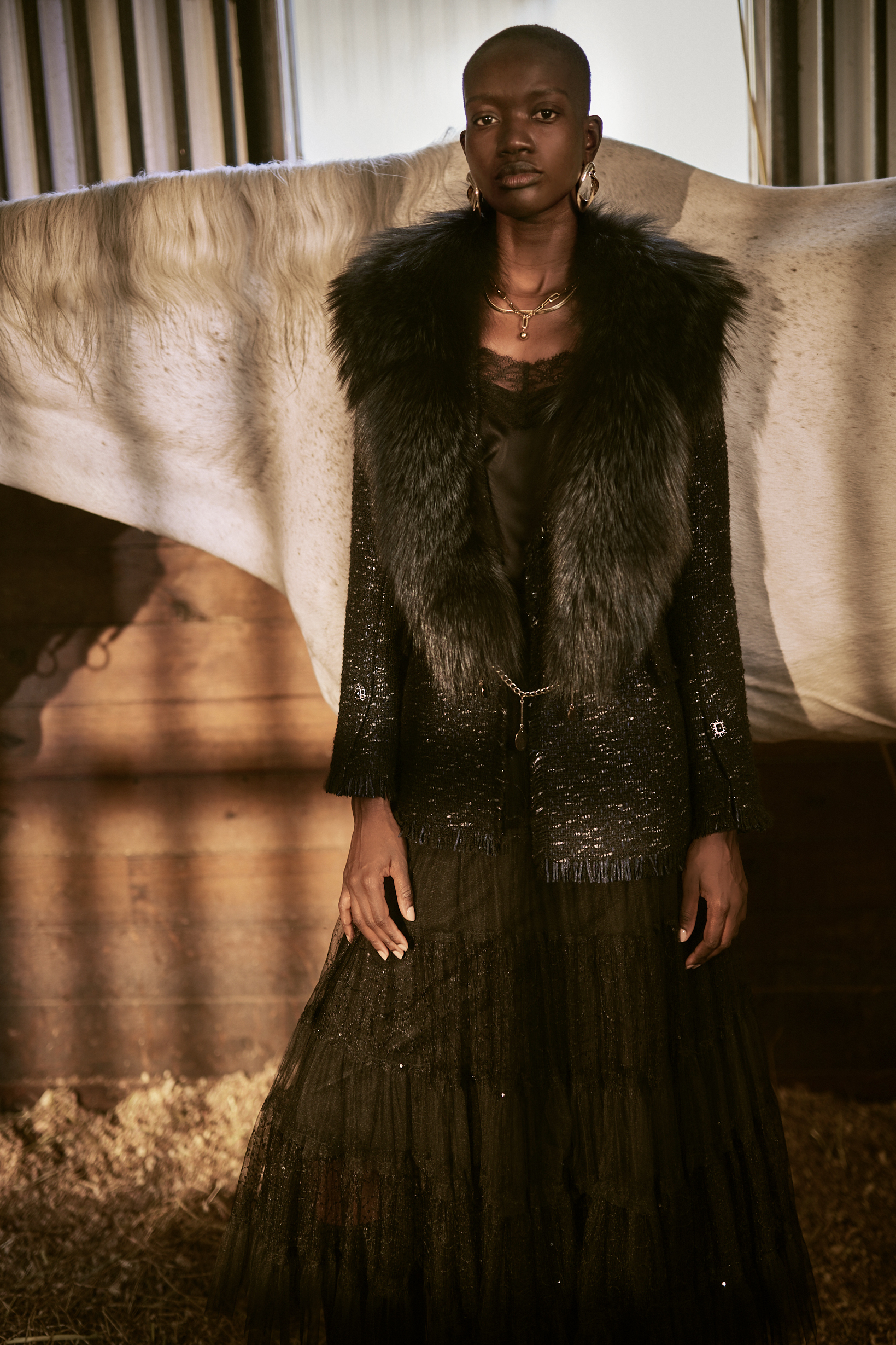 BE15122C1 黑霧星雲亮片薄紗層次長裙