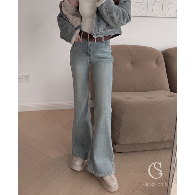 M19「高磅彈力內銀狐絨牛仔褲（送皮帶）」