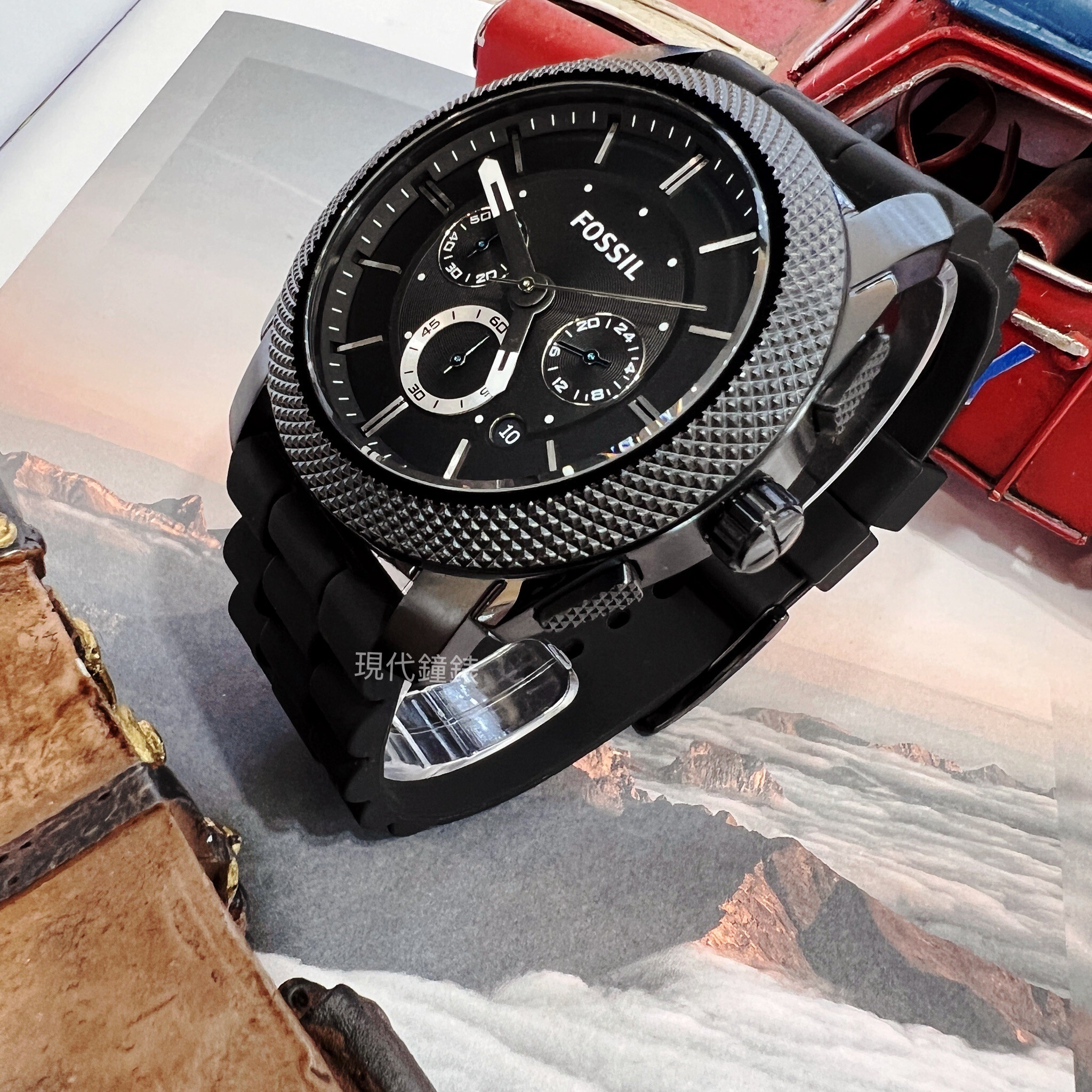 【FOSSIL】酷黑矽膠計時男腕錶FS4487 45mm 現代鐘錶