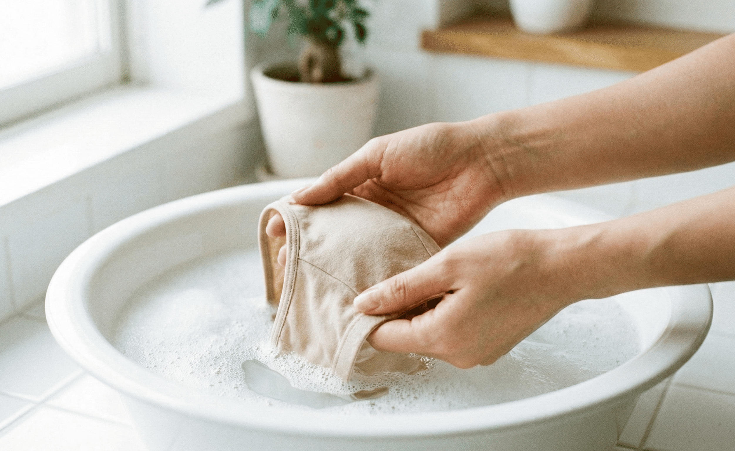 雙手在臉盆中溫柔手洗蕾絲貼身衣物,使用溫和不傷手的酵素手洗精。