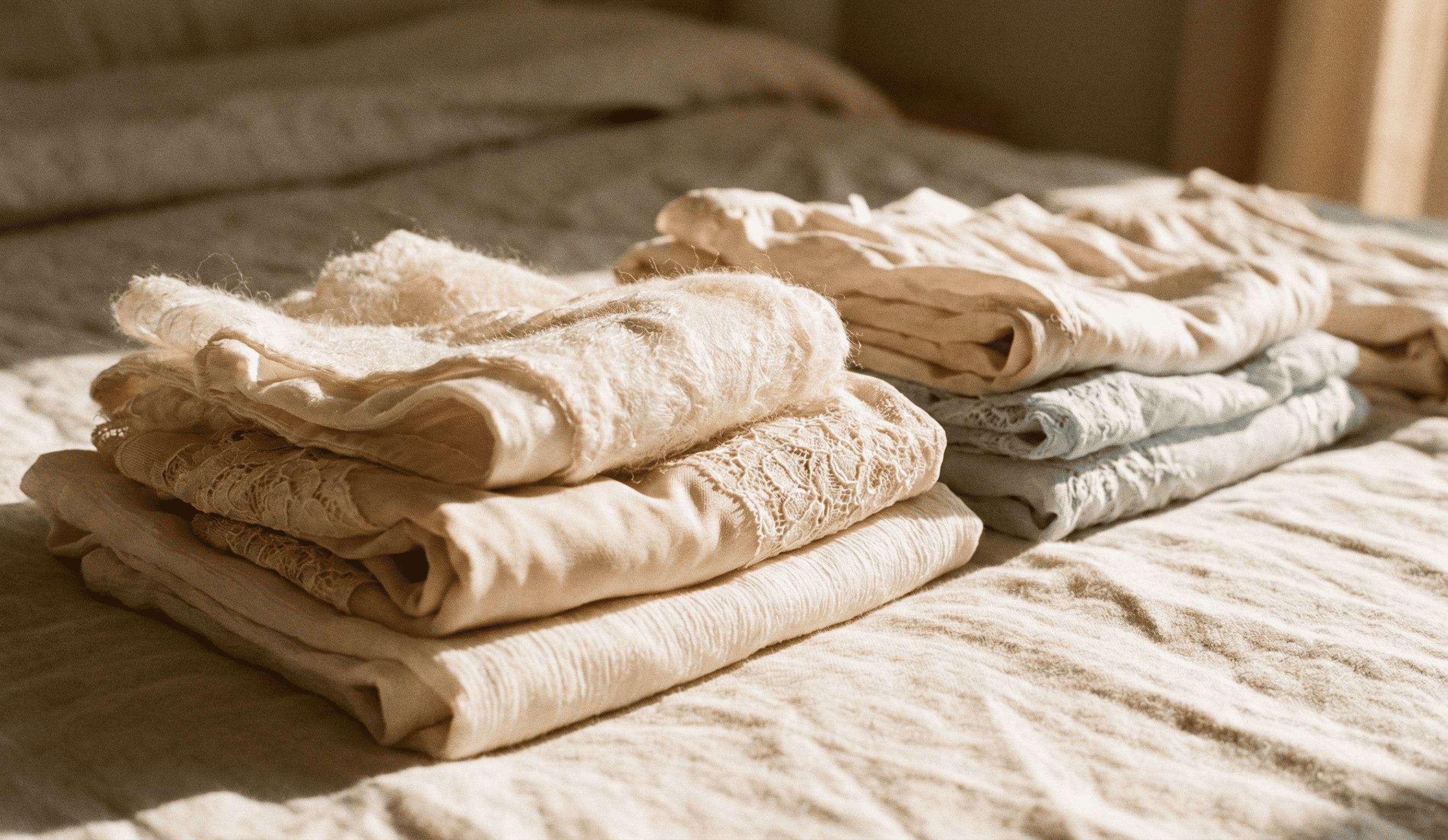 洗後蓬鬆柔軟的淺色貼身衣物折疊在亞麻布上,呈現如新般的舒適質感。