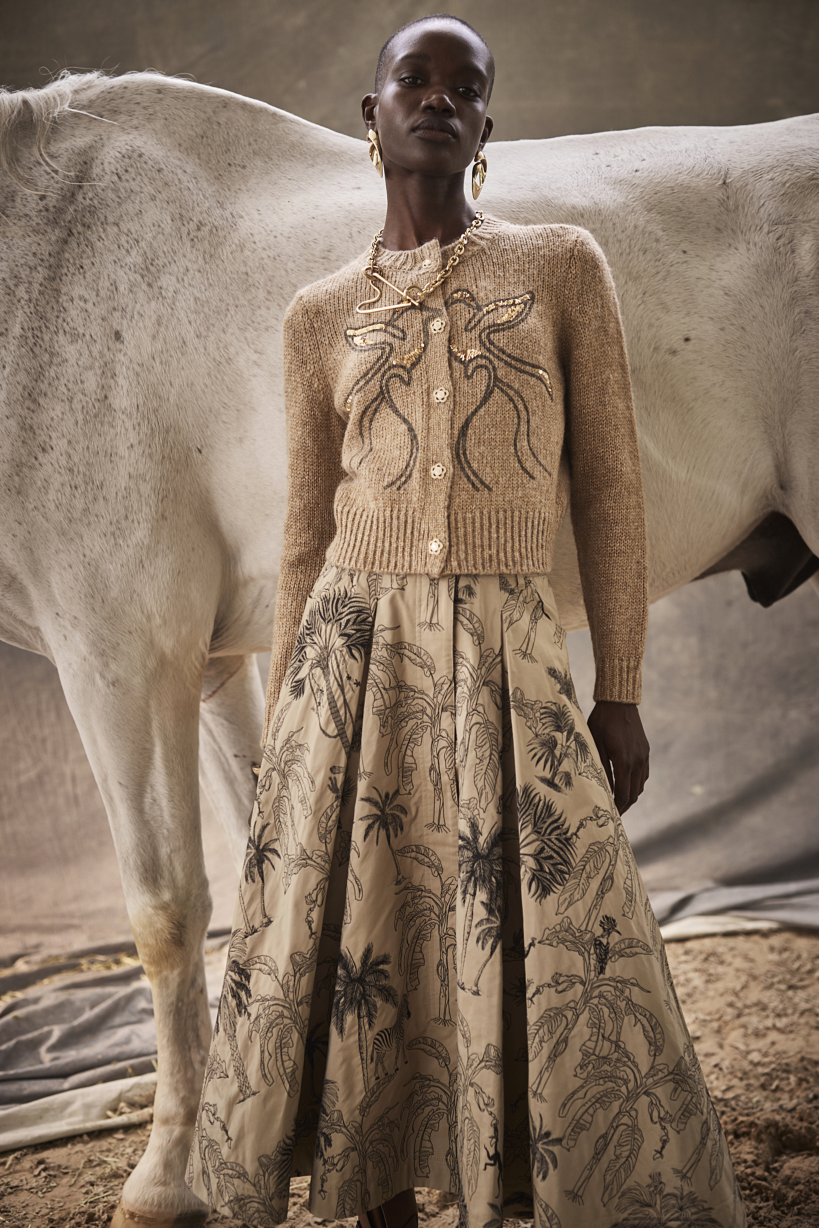 BE15152C1 椰影墨線熱帶植物插畫A字長裙