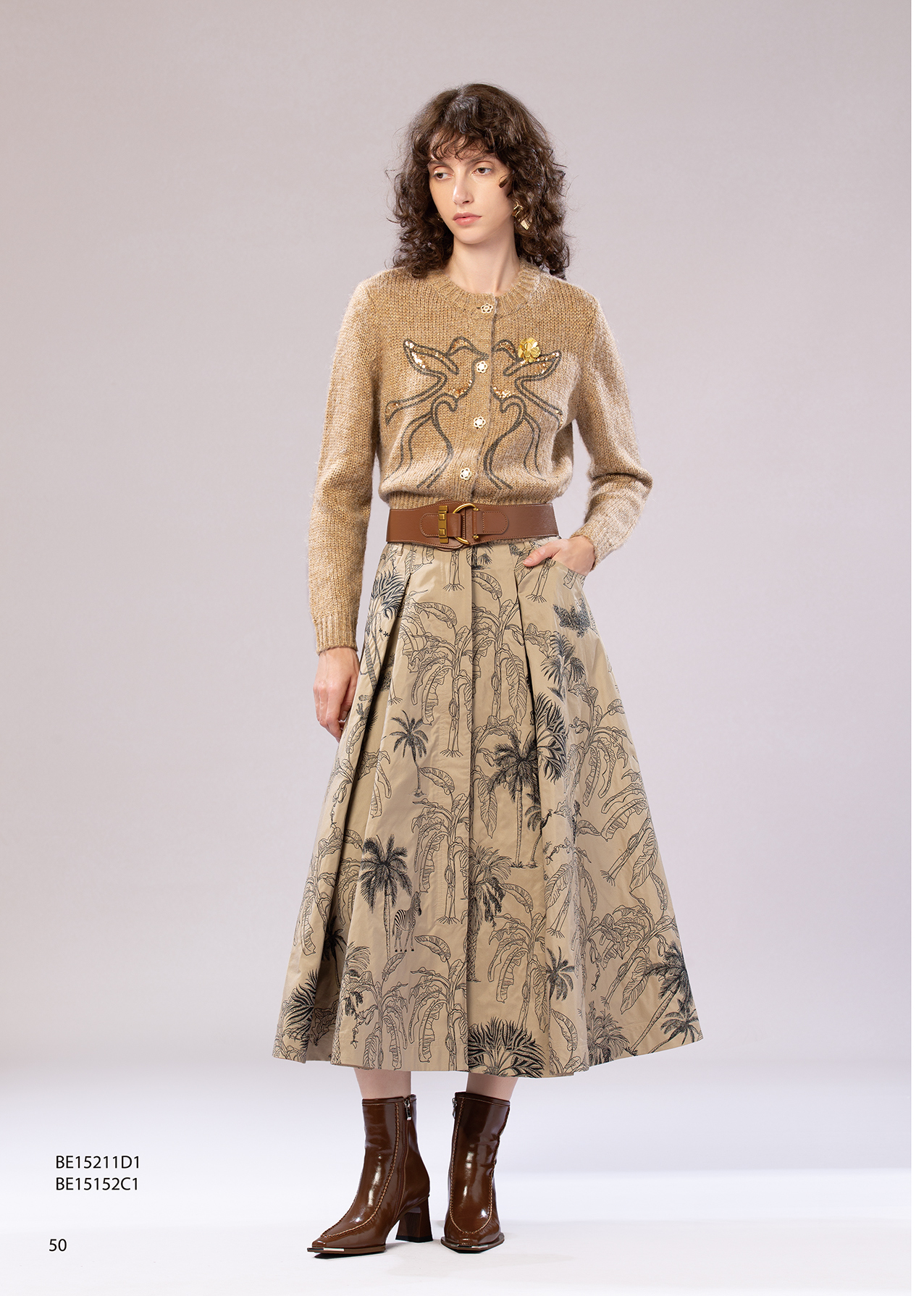 BE15152C1 椰影墨線熱帶植物插畫A字長裙