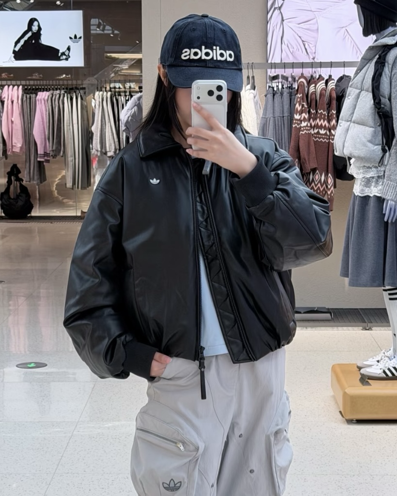 ADIDAS ORIGINALS PU 羽絨皮外套 防風 保暖 夾克 皮衣 三葉草 女款 黑色