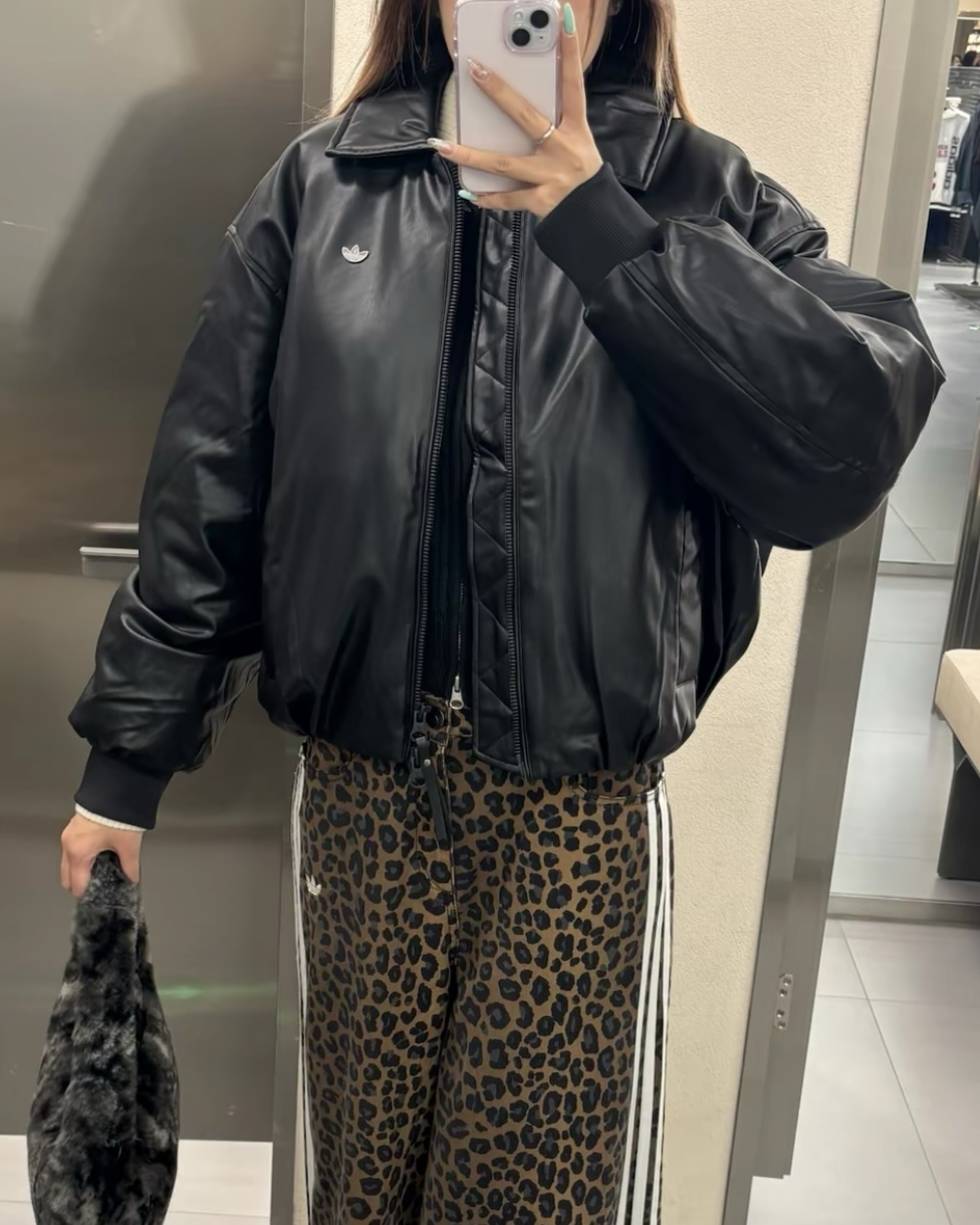 ADIDAS ORIGINALS PU 羽絨皮外套 防風 保暖 夾克 皮衣 三葉草 女款 黑色