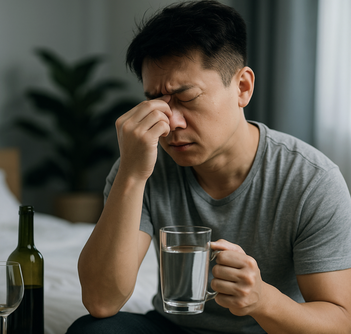 一位中年亞洲男性穿著灰色 T 恤，手拿著一杯水，坐在床邊捏著鼻樑，表情痛苦，顯示宿醉、頭痛或身體不適的狀態，旁邊有紅酒瓶和酒杯