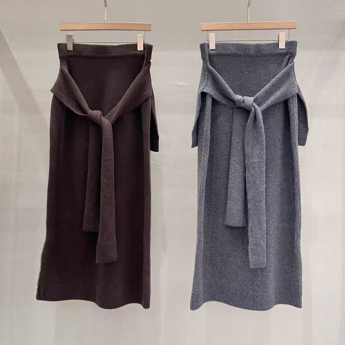 綁帶後一片裙造型針織長裙-F / 2色