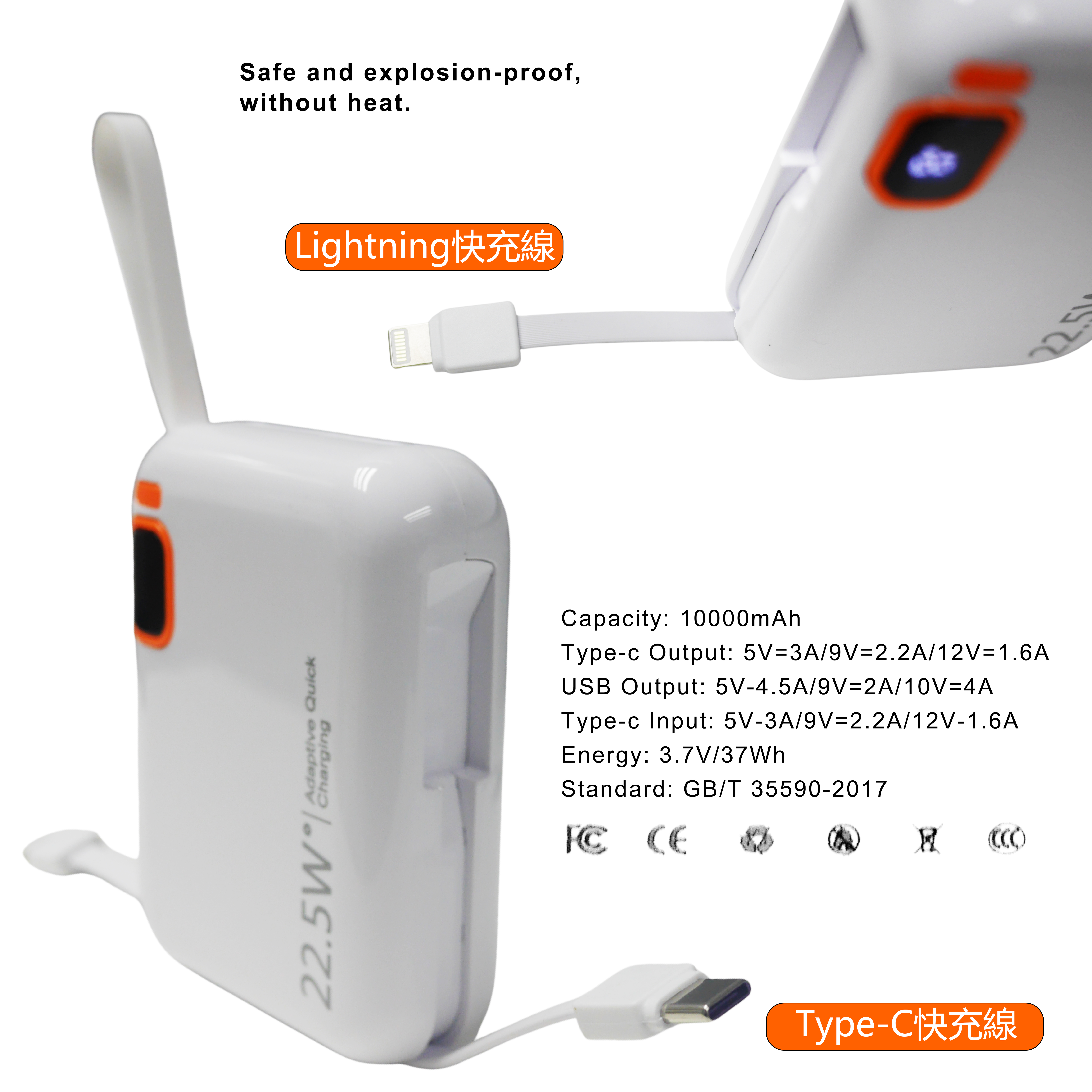 日本TSK 10000mAh充電寶 PD & QC 3.0 22.5W Type C自帶線數顯流動充電器 尿袋 移動電源 P3777