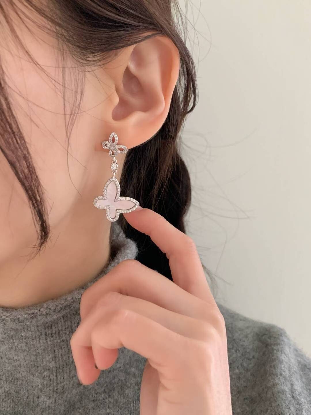 水鑽小蝴蝶接框鑽大蝴蝶垂墜耳環