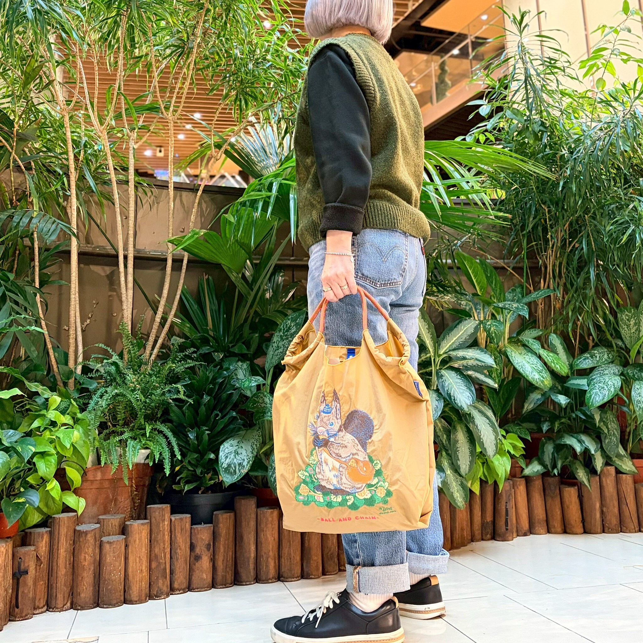 Ball＆Chain 刺繡環保購物袋 M號 - 卡其 (31301103)