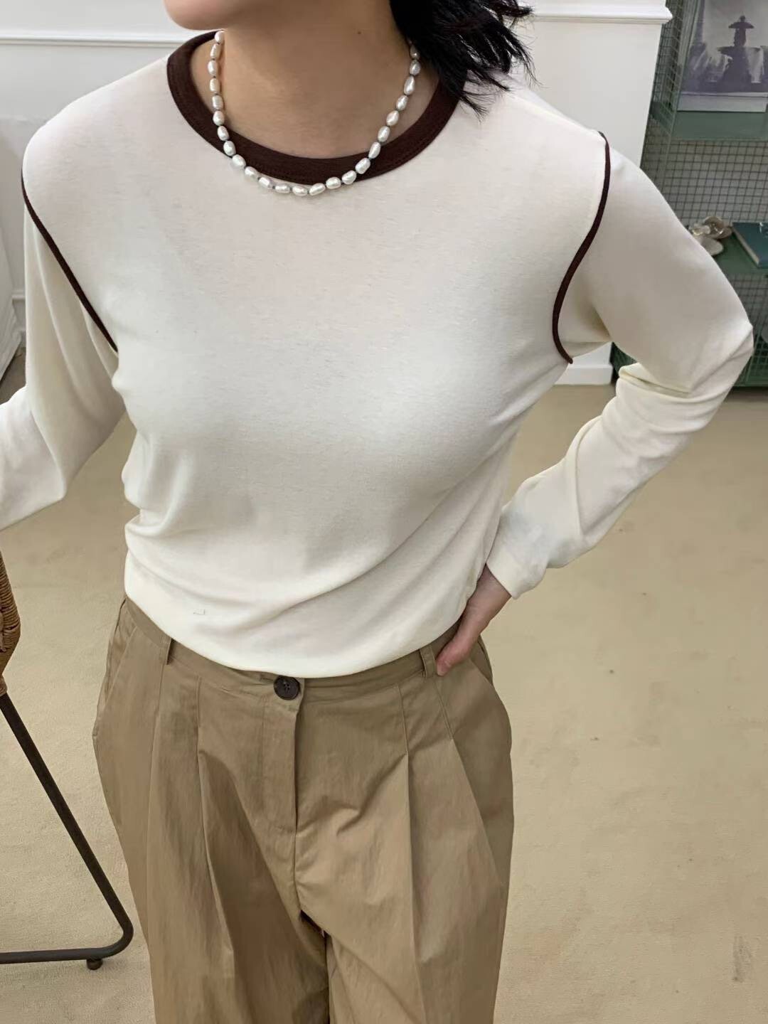 獨特感配色滾邊線條感圓領長袖上衣 / 3色