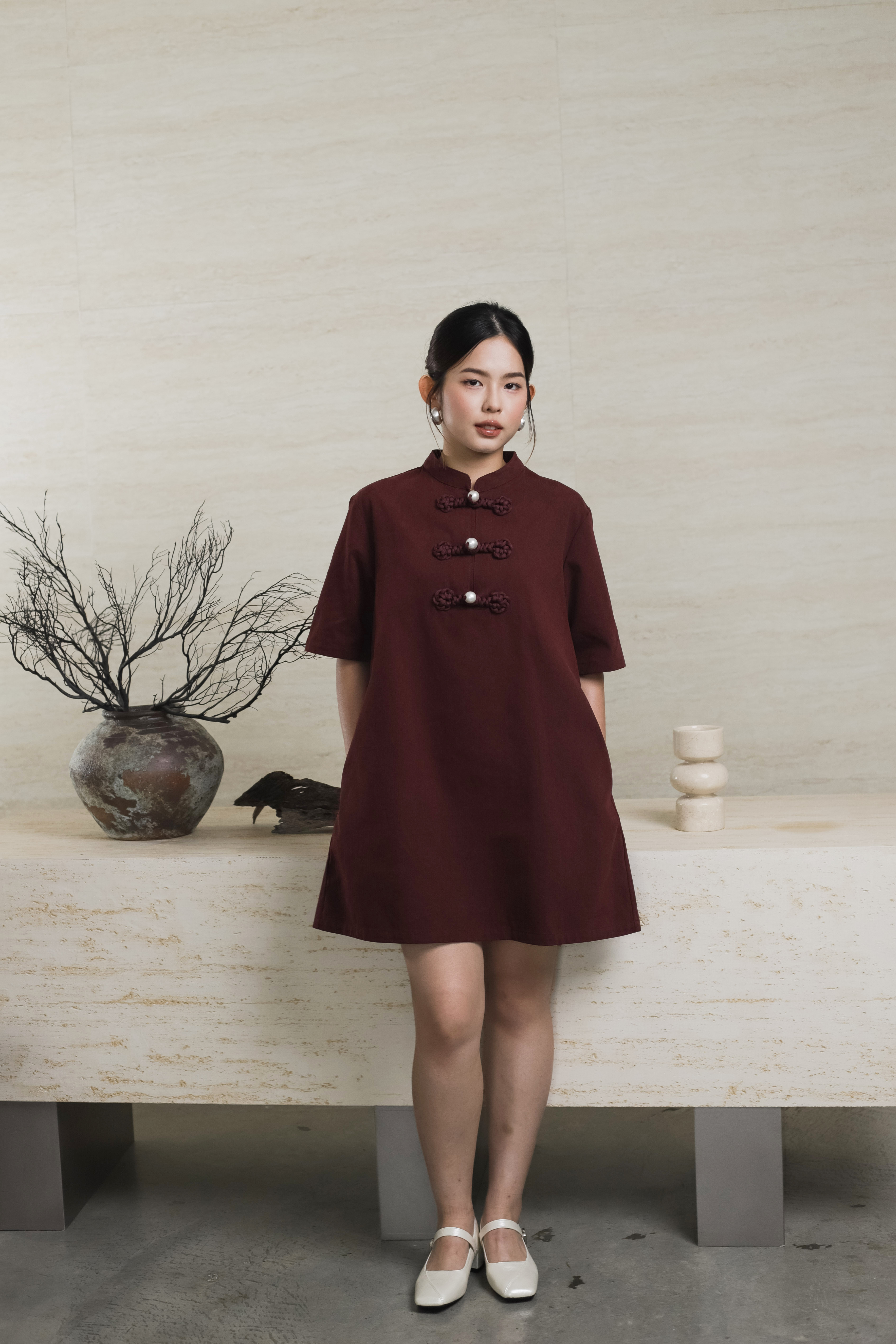 Rueng Cheongsam Tent Dress Maroon - 2566DSMAR