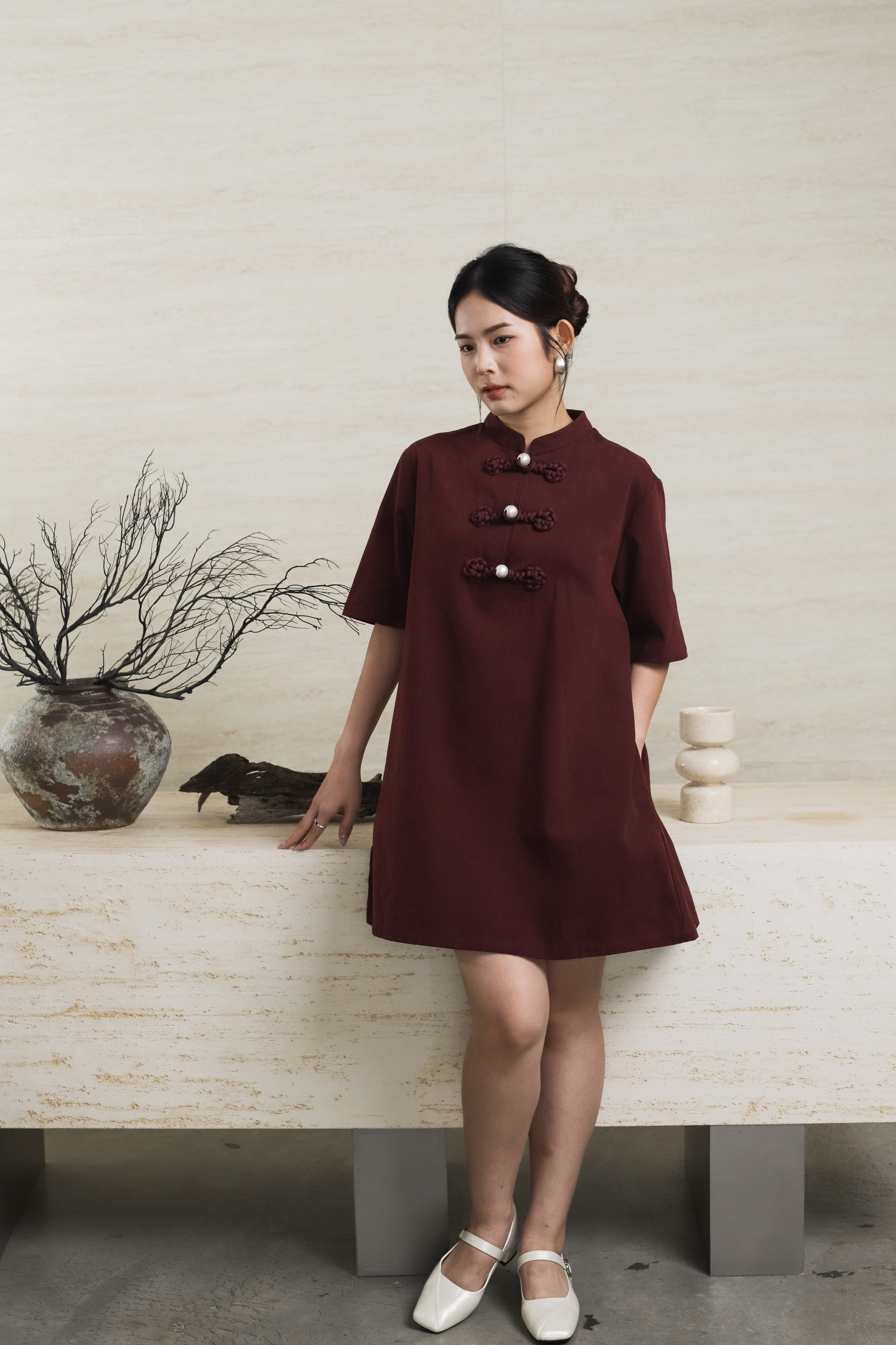 Rueng Cheongsam Tent Dress Maroon - 2566DSMAR