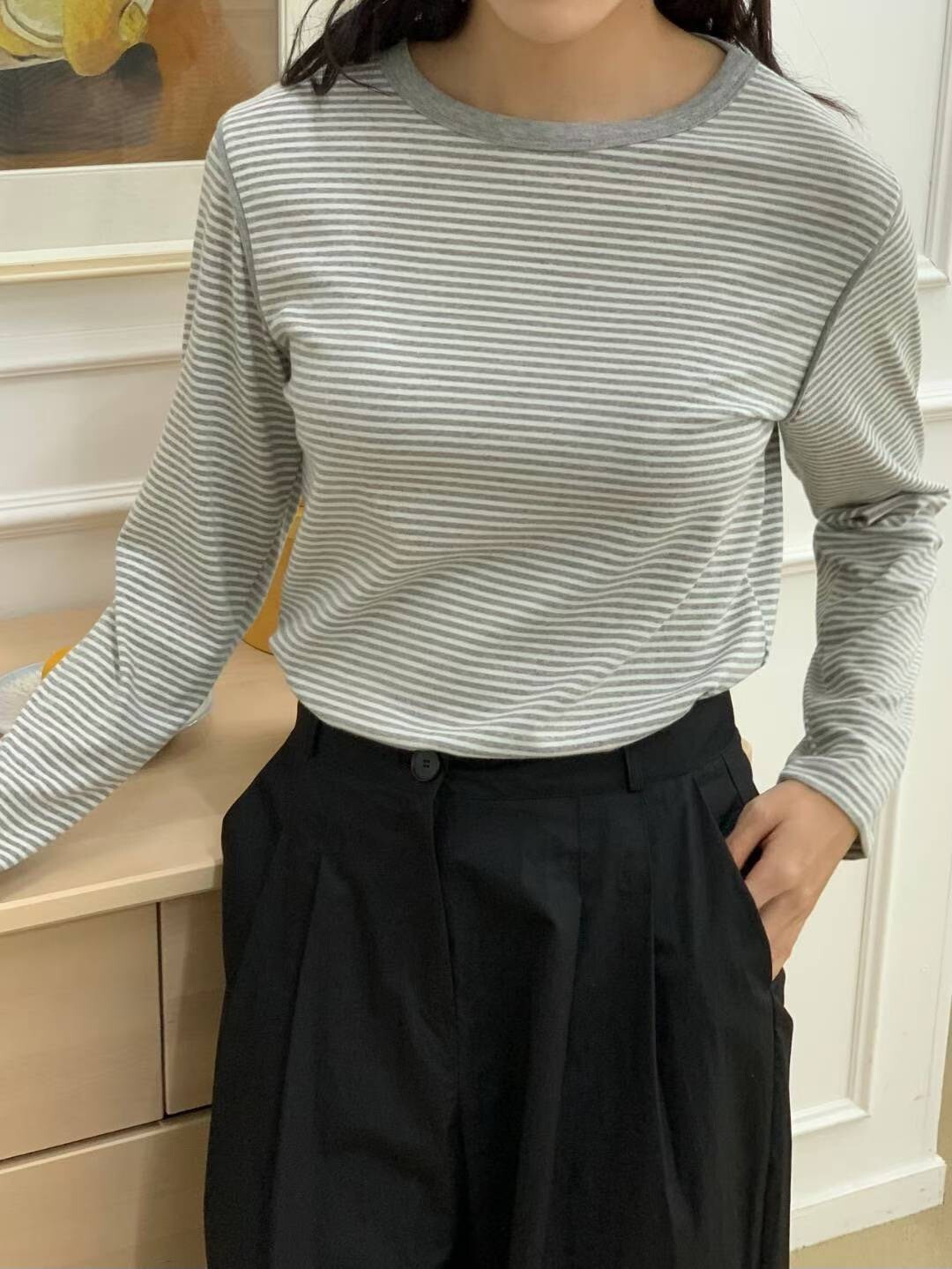 質感色系配色橫條紋圓領針織上衣 / 3色