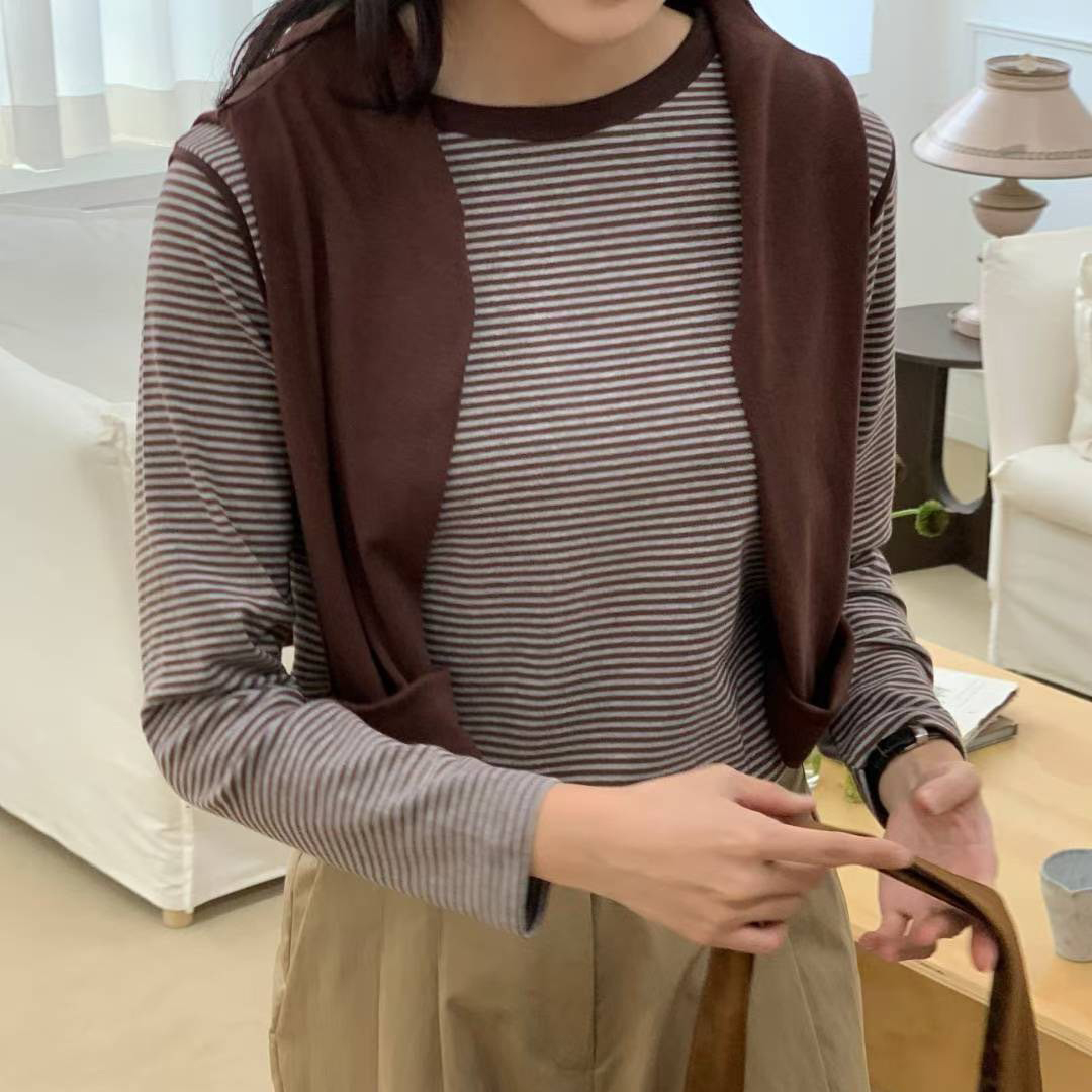 質感色系配色橫條紋圓領針織上衣 / 3色
