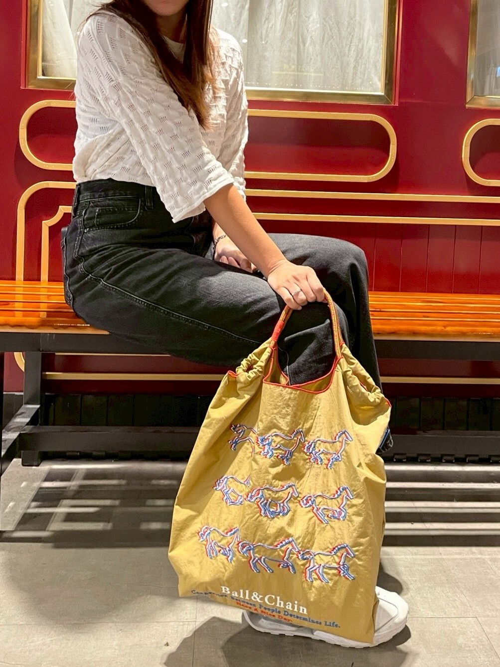 Ball＆Chain 刺繡環保購物袋 M號 - 卡其 (30101303)