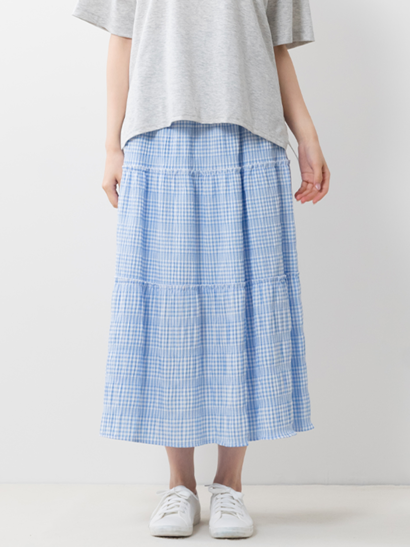 泡泡布格紋高腰蛋糕長裙