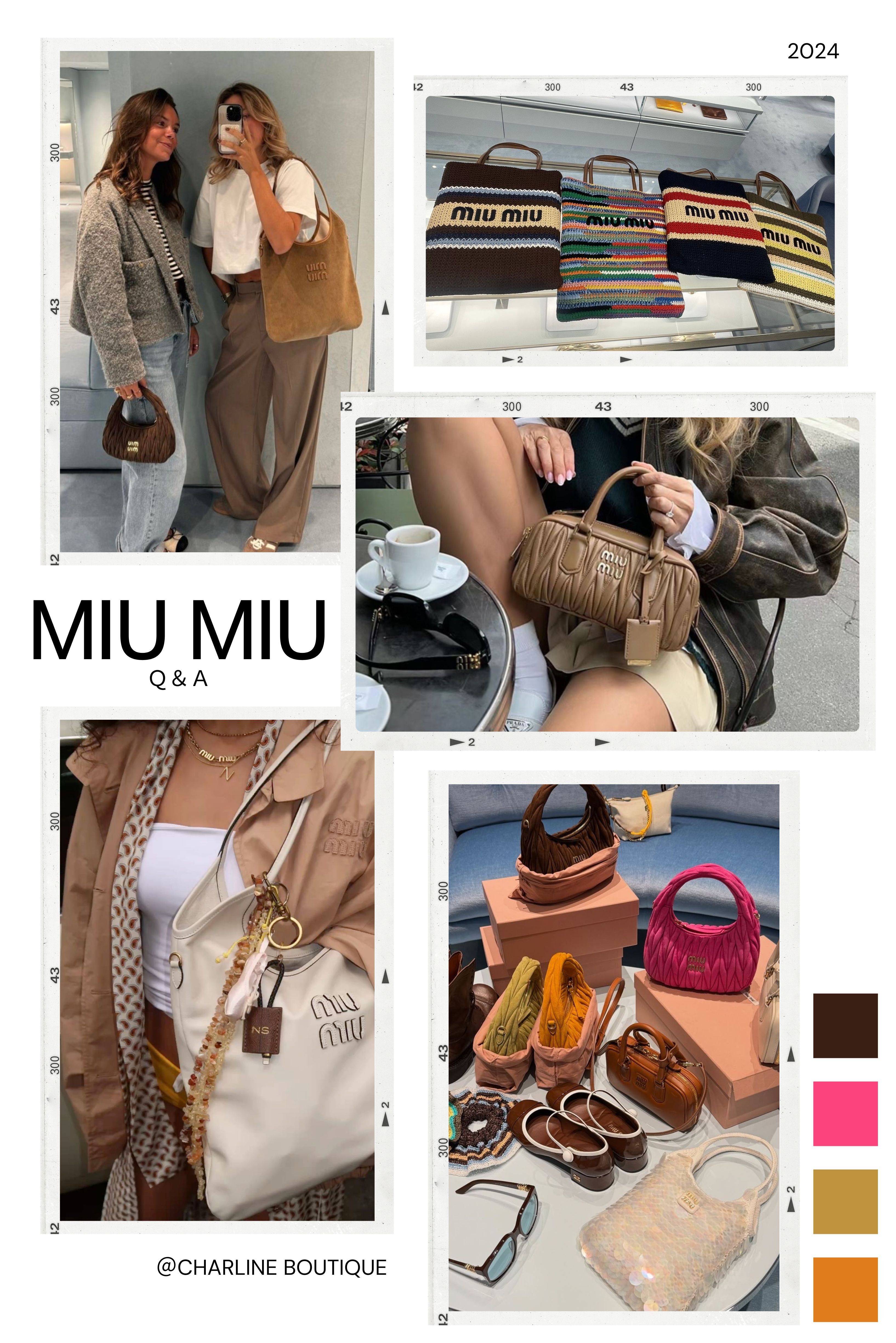 在認識 Miu Miu 的風格與代表單品之後，許多人在準備入手前還會遇到一些實際疑問，因此以下整理了最常被詢問的問題，幫助您更快掌握品牌特色與挑選方向。  延伸閱讀：Miu Miu相關 Q&A  Q1：Miu Miu Wander 很紅嗎？有什麼特色？  A：Miu Miu Wander 之所以爆紅，是因為它同時兼具辨識度、實用性與時尚話題性。以下是最核心的亮點：  高辨識度經典外型：根據 Charline Boutique 的收藏與市場經驗，Wander 以 Matelassé 立體絎縫最受歡迎，即使不看 Logo 也能一眼認出。  半月形輪廓超百搭：流暢的半月型設計結合復古與現代感，背起來俏皮又優雅，是年輕族群最常詢問的入手款。  多種材質與顏色選擇：有 Nappa Leather、麂皮等版本，顏色從經典黑白到粉、黃等熱門色，滿足不同穿搭需求。  三種背法實用性強：可手提、肩背、斜背，穿搭氛圍一次滿足；是受歡迎的主因之一。  明星名人帶動熱度：張員瑛、Hailey Bieber、Gigi Hadid 等人都背過，使 Wander 搜尋量與熱度持續上升。    Q2：如果要買Miu Miu 包，最推薦哪款？  A： Charline Boutique 推薦的Miu Miu 包，最經典的選擇就是 Ivy、Wander、Arcadie 幾個系列。  Ivy：Ivy Leather Bag 以全皮材質、重量輕盈和實用容量成為許多新手首選，它的外型呈現簡約俐落又帶點鬆弛感的氣質，非常適合通勤與日常使用。  Wander：Wander 系列以標誌性的 Matelassé 立體絎縫與半月形輪廓奠定它的高辨識度，不論手提、肩背或斜背都能展現不同氛圍，深受年輕族群與風格愛好者的青睞。  Arcadie：Arcadie 以俐落的長方形輪廓與柔軟皮革呈現復古又精緻的氣質，從全皮、絎縫到麂皮等不同質感提供多種搭配可能，無論手拎或肩背都能自然凸顯穿搭品味。    Q3：第一次買 Miu Miu，應該從包、鞋還是衣服開始？  A：第一次購買 Miu Miu 最推薦從包或鞋子開始，因為這兩類單品辨識度高、好搭也最能展現品牌的甜美與微叛逆風格，像迷你托特與芭蕾舞鞋都是最友善的新手選擇，而 Charline Boutique 親身觀察 多數初次接觸品牌的客人會先從好駕馭的鞋包入手，再逐步延伸到風格較強烈且需要穿搭整體性的服裝，因此對第一次接觸 Miu Miu 的人來說，包與鞋始終是最輕鬆、也最不容易出錯的開始。   Q4：什麼是Miu Miu風？  A：Miu Miu 風指的是一種介於甜美、叛逆與復古之間的混合美學，源自 Prada 副線 Miu Miu 對「少女感 × 率性」的重新定義，而 Charline Boutique 親身觀察近年穿搭趨勢後發現，這種風格更像是一種態度：看似隨性、卻充滿細節，既天真又有點壞，是年輕世代最容易辨識的時尚語言。  標誌性的 Miu Miu 風單品：  百褶裙：打造最經典的學院感，也是 Miu Miu Girl 的核心象徵。  灰色長襪 ：介於甜美與叛逆之間的關鍵配件，能瞬間提升復古氛圍。  芭蕾舞鞋： 柔軟、輕盈又帶點少女感，是 Miu Miu 風最代表性的鞋款。  Polo 衫：用運動元素混搭百褶裙，創造出青春又不會太正式的對比感。  針織衫、薄針織罩衫：增加層次與溫柔氛圍，是隨性感穿搭的最佳輔助。  西裝外套（短版或慵懶版型：利用比例差營造「上正式、下隨性」的衝突魅力。  尼龍風衣、復古夾克：增添街頭感，讓整體造型不會太甜太柔。    Q5：Miu Miu 托特包有哪些系列？材質有差嗎？   A：Miu Miu 的托特包主要包含 Ivy、Woven Fabric、Matelassé 和 Soft Tote 四大系列，每款在材質與風格上都有明顯差異，而 Charline Boutique 親身觀察 發現皮革款的挺度最好、看起來也更正式，編織款則最輕盈、偏向休閒氣質，絎縫款則最能展現品牌經典的甜美調性，因此挑選時多半會依照重量、用途與日常穿搭需求來決定最適合的系列。  Miu Miu 大包（Tote Bag）主要款式與特色  Ivy Leather Tote：材質特色： 全皮革、手感柔軟、重量極輕，是 Miu Miu 少見的「皮革大包不會重」代表。 有多個尺寸可選，可當通勤包、上班包，能放 iPad、文件甚至小筆電。  Woven Fabric Tote： 立體編織布面，輕盈不沉重，不易卡毛，比一般草編或編織包更耐用。隨性、輕鬆、有度假氛圍，但日常背也很合適。  Matelassé Tote：經典 Matelassé 絎縫皮革，手感柔軟、辨識度最高。有肩背與手提款，造型感強，非常上鏡。  Nappa Leather Soft Tote / Shoulder Tote：軟皮質感、包身柔軟、肩背非常舒服。容量大但外觀很不張揚，屬於日常百搭的大包型。  Logo Canvas Tote：帆布材質、耐操、輕便，常搭配皮革提把。 輕、能裝、好清潔，是最零負擔的大包選項。    Q6：Miu Miu 的包包一般落在什麼價位？  A：Miu Miu 的包包價格帶相當廣泛，大多落在新台幣 6 萬到 15 萬以上之間，實際金額會依款式、材質、尺寸以及是否為當季新款或限量款而有明顯差異，而 Charline Boutique 親身觀察影響價格的因素通常是材質與設計複雜度，越經典、越熱門或越精緻的工藝細節就會拉高價格，因此在挑選 Miu Miu 包款時，不只要看外型風格，也建議依用途、尺寸和材質去評估預算區間，才能挑到最適合自己的入手款。   Q7：Miu Miu 的鞋子會磨腳嗎？新手適合哪些款？  A：是否會磨腳取決於款式與材質  Charline Boutique 親身觀察，硬挺皮革或尖頭鞋款因材質較緊實，確實比較容易在後腳跟或腳趾側邊產生磨擦。  柔軟皮革、運動鞋與平底鞋的包覆度通常較舒服，而 Charline Boutique 發現 多數初次穿 Miu Miu 的客人反而覺得這類材質好上腳、不太磨。   🔹 新手最適合的 Miu Miu 鞋款  New Balance x Miu Miu 聯名 530 SL 運動鞋：皮革＋橡膠鞋底的柔軟度表現好，是新手最容易一穿就愛上的款式。  Plume 系列（羊羔毛／麂皮）：主打羽毛般輕盈腳感，許多客人跟 Charline Boutique 分享過，這系列穿久也不會累腳。  Tyre 系列：兼具機能與麂皮拼接的舒適性，Charline Boutique 留意到 這款特別受通勤族歡迎，因為好走耐磨。  經典芭蕾舞鞋：柔軟貼腳，是不少人第一雙 Miu Miu 鞋，Charline Boutique 自己覺得 芭蕾鞋是最能展現品牌俏皮氣質的安全款。   Q8：Miu Miu有男裝嗎？  A：Miu Miu 目前並沒有獨立男裝線，品牌主要以女性服飾、鞋款與配件為核心，但近年也推出部分中性版型與可由男性穿著的單品，例如寬鬆針織、外套與配件，而在 Charline Boutique 親身觀察 的實際銷售經驗中，也確實有不少男性會選擇入手 Miu Miu 的包款與鞋款，因為設計本身偏中性又帶有時髦感，因此雖然官方沒有明確標註男裝，但品牌的部分造型仍然是男女都能駕馭的風格。   Q9：Miu Miu 的衣服偏大還偏小？要怎麼挑尺碼？  A：Miu Miu 的衣服並沒有固定偏大或偏小，實際尺碼會依品項與版型而不同，因此挑選時最重要的是先查看官方尺寸表，再量測自己的胸圍、腰圍與臀圍進行比對，而 Charline Boutique 常遇到客人詢問 如何挑選尺寸時，也會建議依自己喜歡的穿著感來做調整：若偏好寬鬆可以選大一號，想要俐落貼身就按尺寸表選最接近的尺碼；若你平常有固定愛穿的品牌，也能把平時的尺寸提供給客服或代購，由他們協助比對版型以找到最適合的選擇，這樣能避免因網購或不同版型而選錯尺碼，是目前挑 Miu Miu 服飾最穩妥、也最不容易踩雷的方法。   Q10：Miu Miu 的除了包款還有什麼推薦的單品？  A：除了包款之外，Miu Miu 也有不少值得入手的單品，例如短版上衣與復古感外套能快速穿出甜美俐落的比例，眼鏡、髮飾、吊飾與卡夾等配件則更親民、也能立即展現品牌氛圍， Charline Boutique 留意到 若想輕鬆體驗 Miu Miu 風格，從上衣或配件入手是最不踩雷、也最能立即看出效果的選擇。。  上衣： 以短版、貼身與學院風為主，能立即呈現 Miu Miu 的甜美俐落比例。  外套： 從復古短版西外到休閒尼龍外套都有，主打「不費力時髦」的實穿層次感。  眼鏡： 以復古小框為主，像琥珀色橢圓框最具個性，耐看又有氣質。  髮飾： 包含髮夾、多款少女風頭飾，能快速營造 Miu Miu Girl 氣質。  吊飾： 從粗尼龍繩、皮革到金屬組合的極繁掛飾，可讓包款瞬間更有亮點。  卡夾、鑰匙包： 小巧實用、搭配品牌 Logo，是最容易入手的精品入門小皮件。