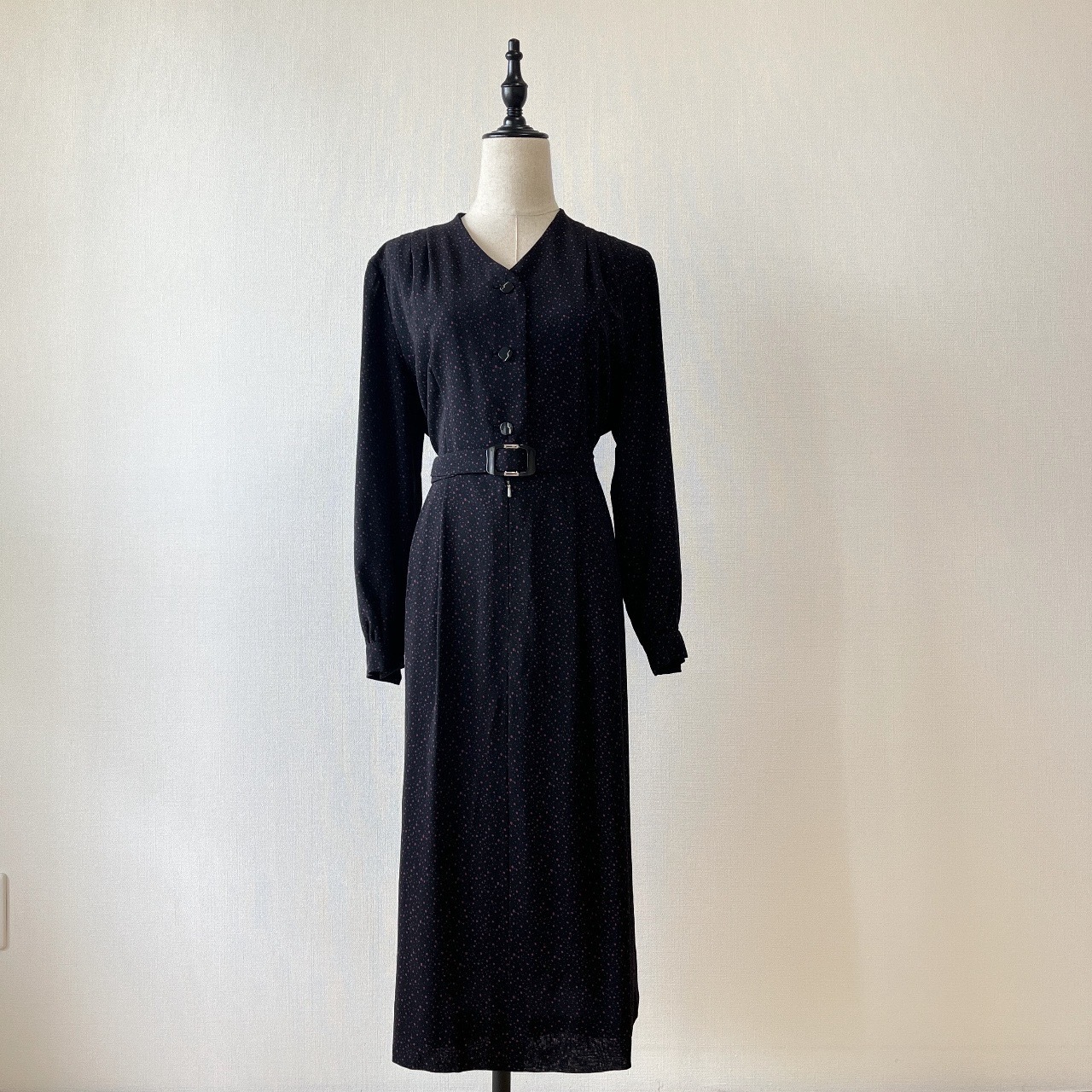 黑色V領羊毛古著連身裙