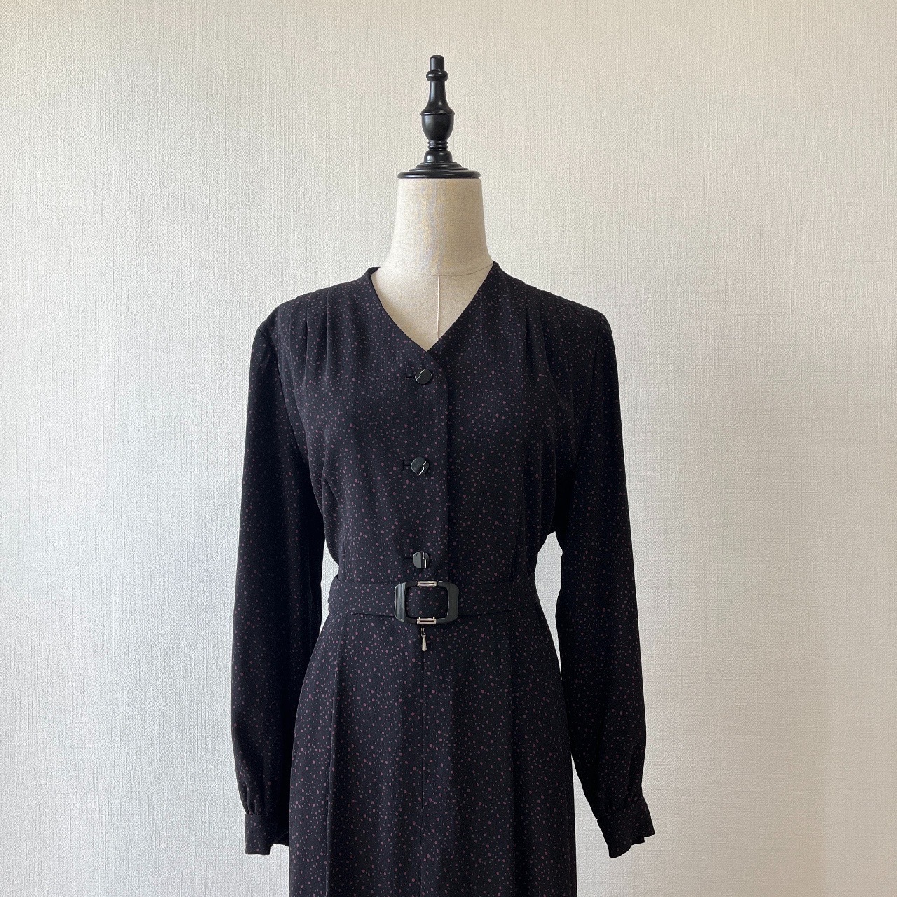 黑色V領羊毛古著連身裙