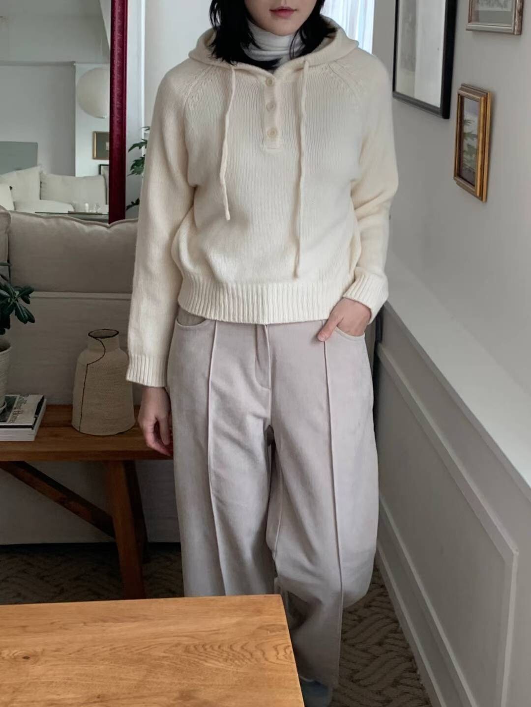 肩線麻花針織拼接連帽排釦造型毛衣 / 3色