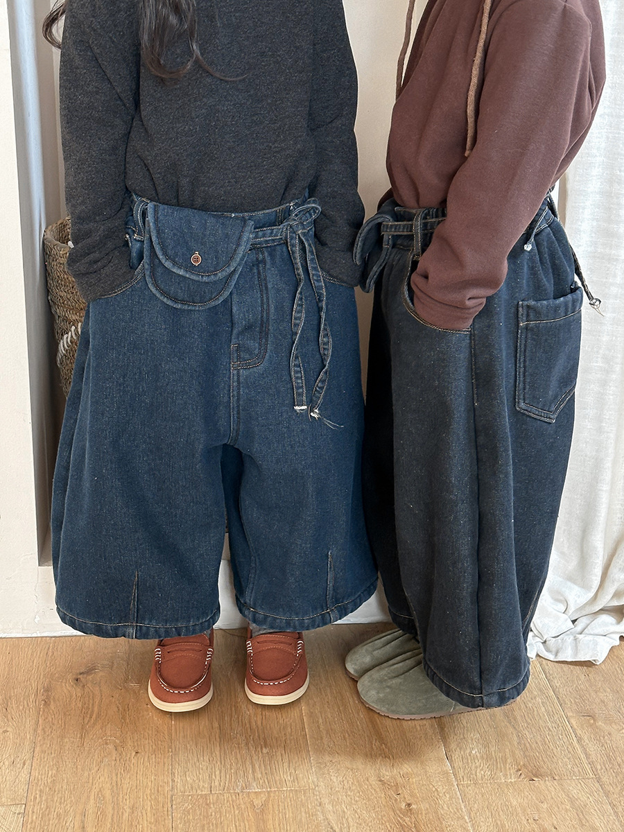 綁帶腰包加絨牛仔寬褲(80-140)