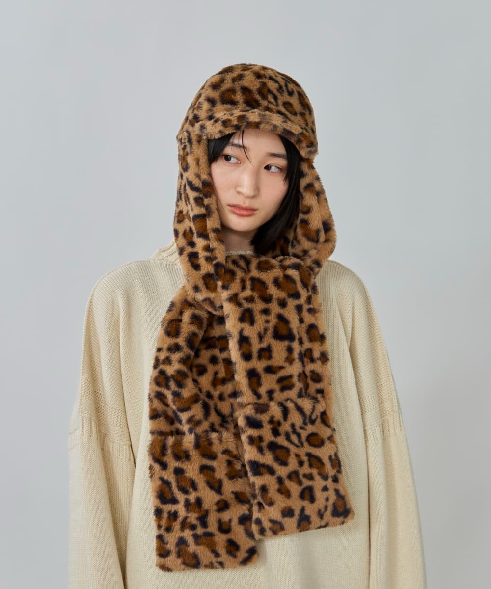 預購┃日本 MINIFUR WINTER SCARFCAP SGP 冬天 保暖 毛茸茸 豹紋 圍脖帽 圍巾 帽子