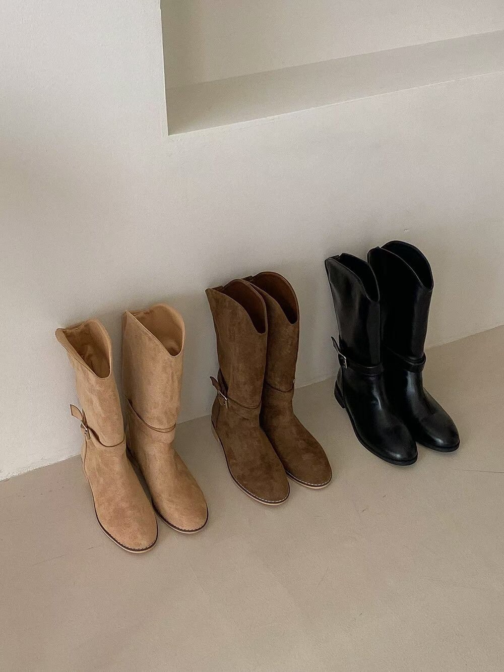 方釦皮帶造型麂皮西部靴中筒靴 / 3色