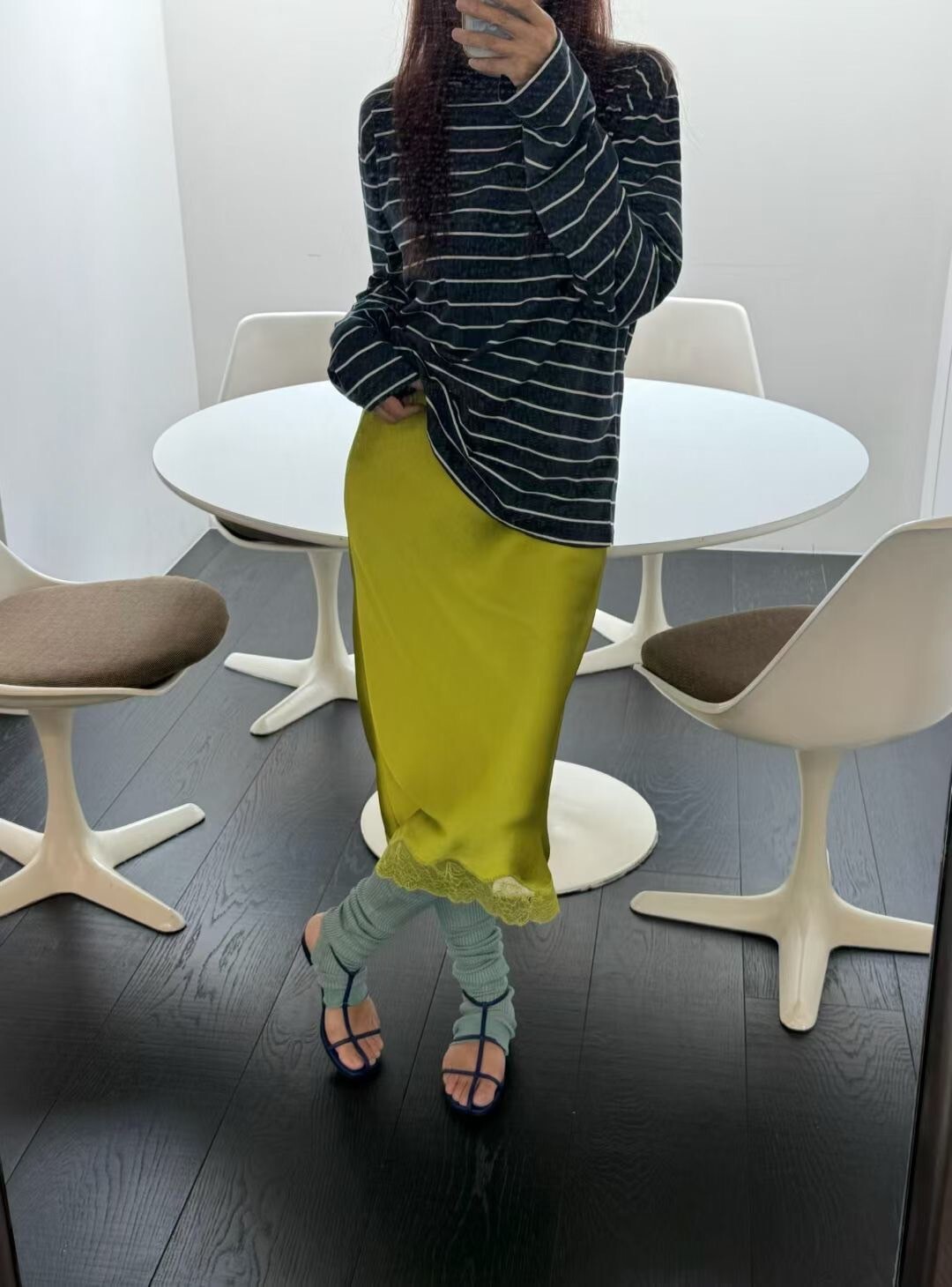 緞面光澤感拼接蕾絲鉛筆裙長裙-F / 4色